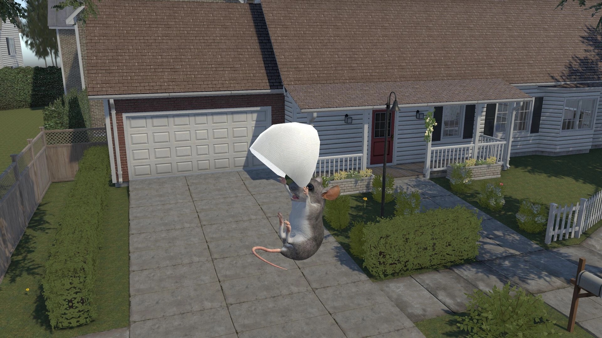 I Am Mouse: Mouse clings to a white cloth midair above a driveway in a quiet suburban yard.