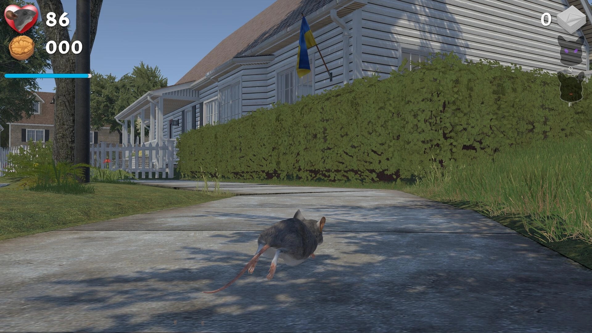 I Am Mouse: Mouse scurrying on sidewalk past hedges and house porch, with health and icons UI.