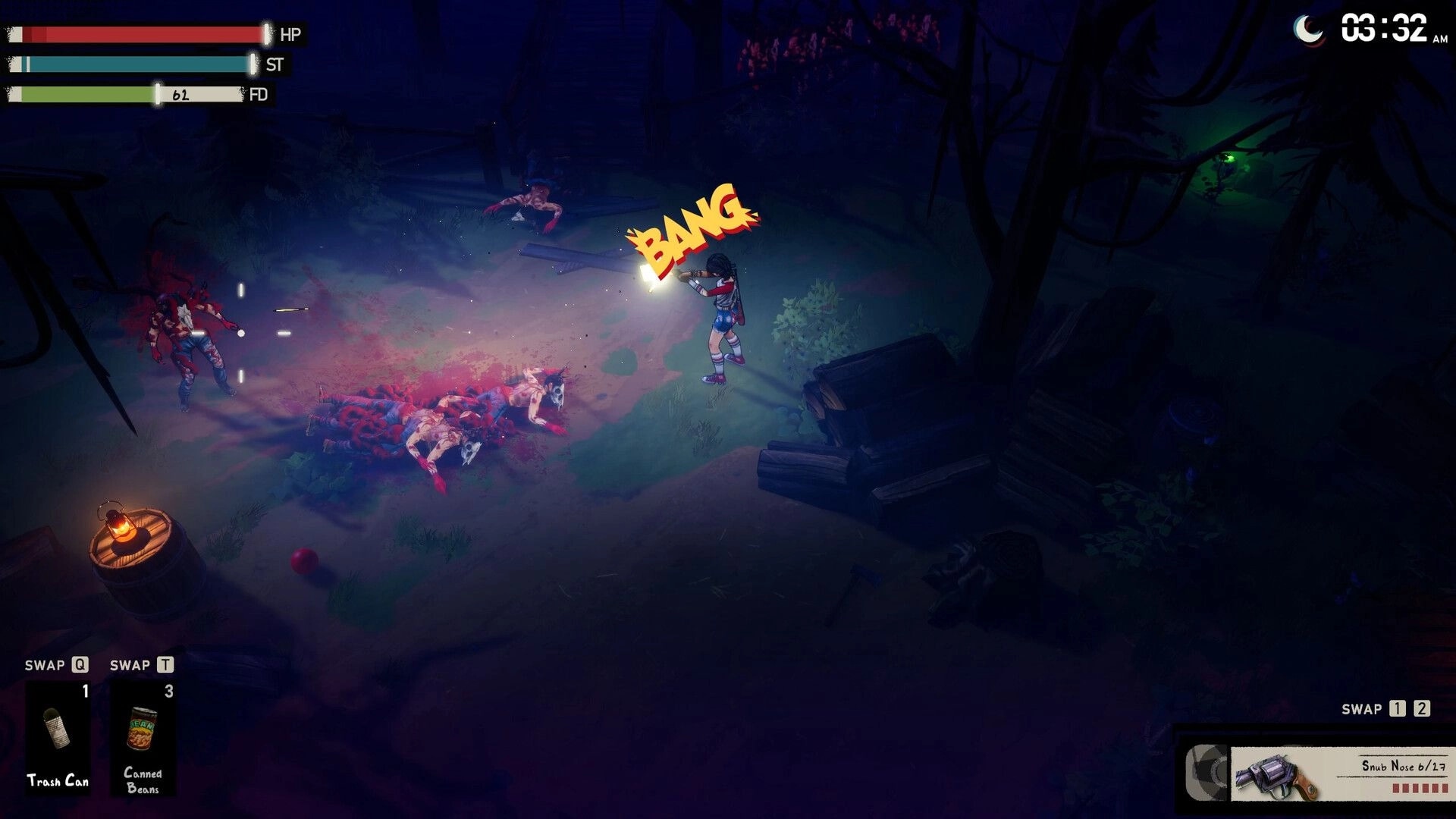 I Hate This Place: Character shooting at monsters in a dark forest with health and inventory UI visible