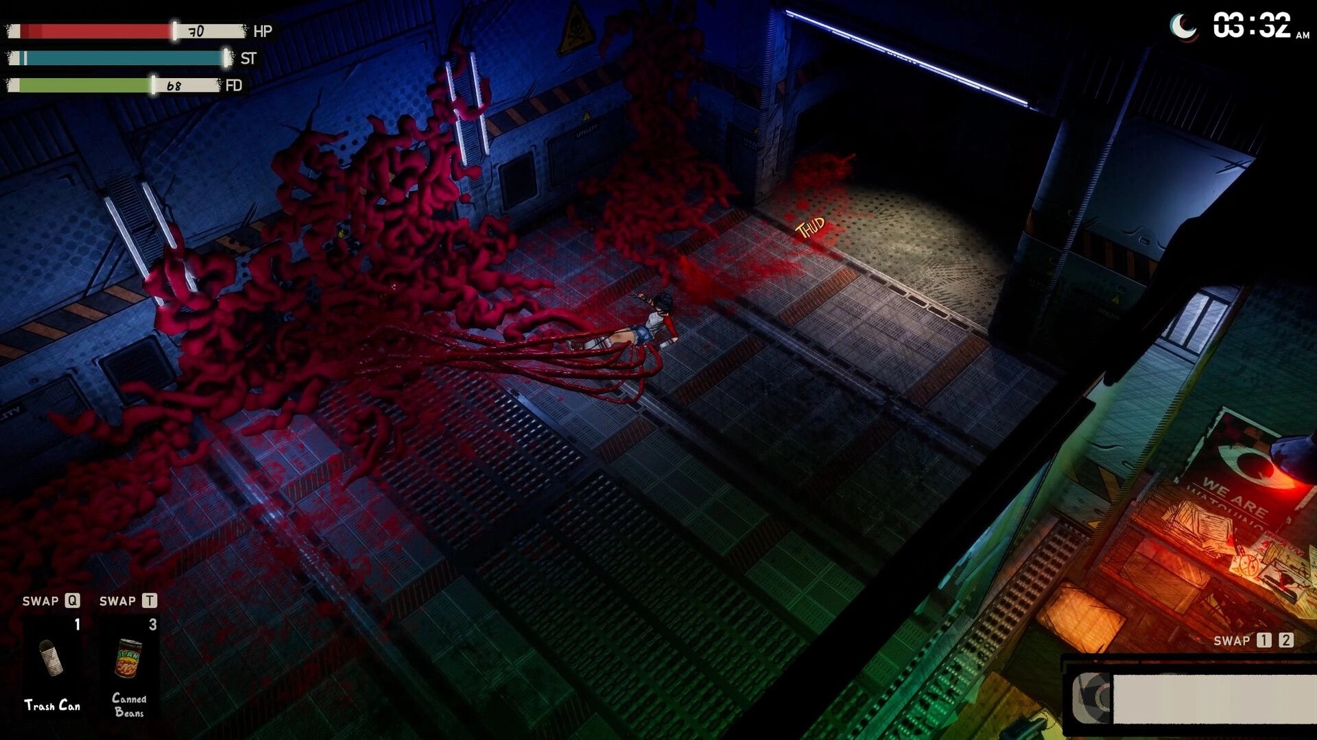 I Hate This Place: Character trapped by red tendrils in dark industrial corridor, health and items visible