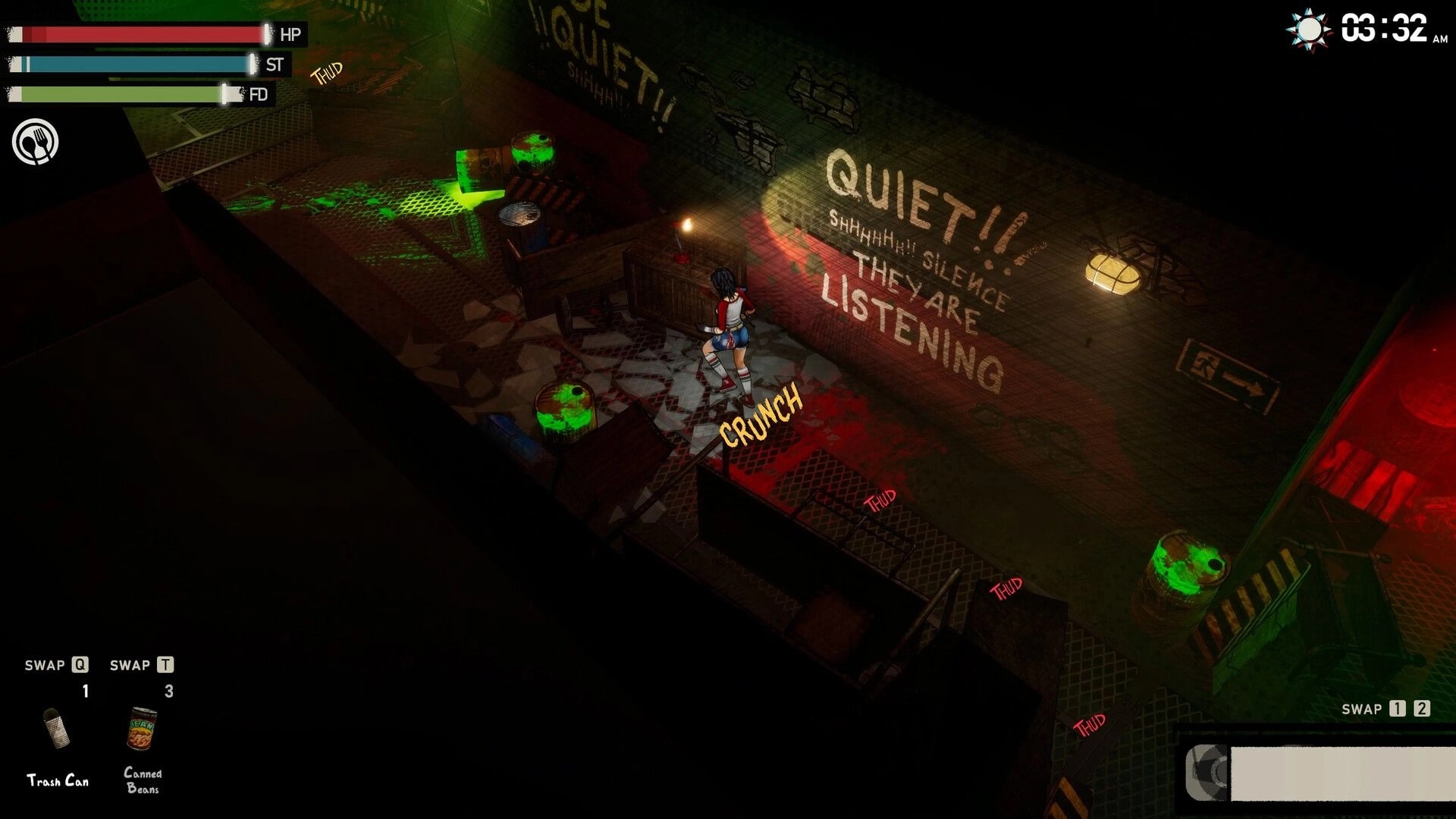 I Hate This Place: Character sneaks through dimly lit corridor with warning graffiti and glowing barrels.
