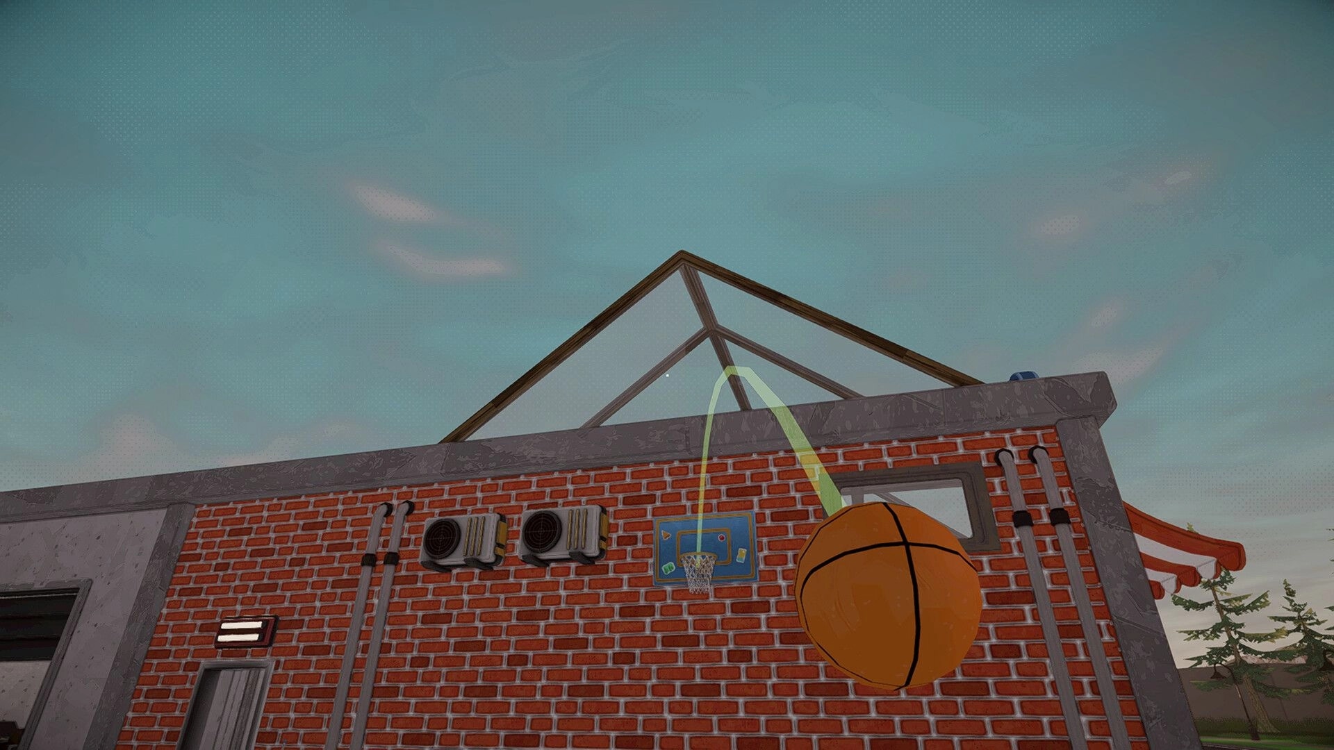 I Know a Guy: Basketball arcing toward a wall-mounted hoop on a red brick building exterior at dusk.