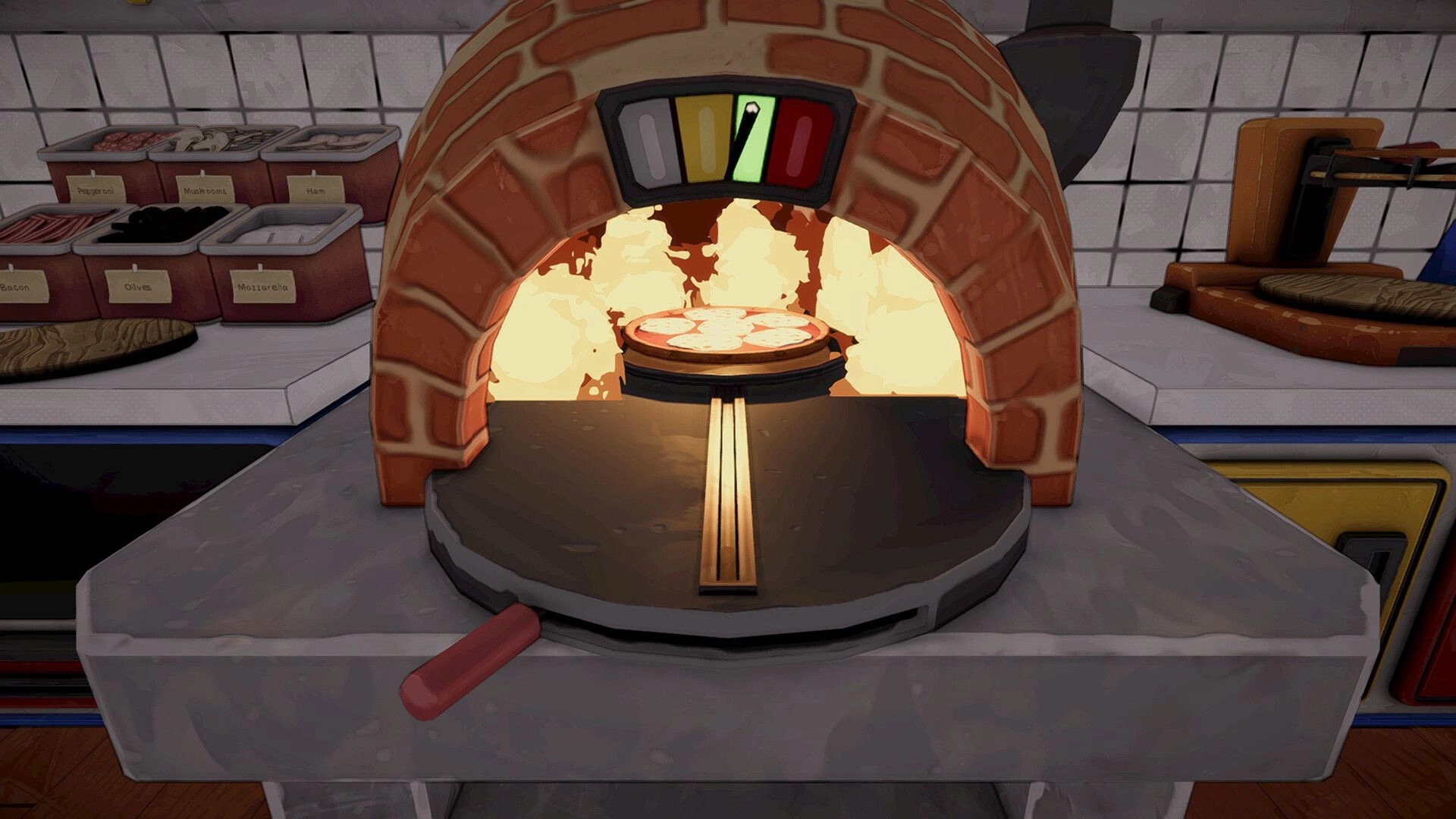 I Know a Guy: Pizza baking in a brick oven with heat gauge and ingredient bins in kitchen prep area.