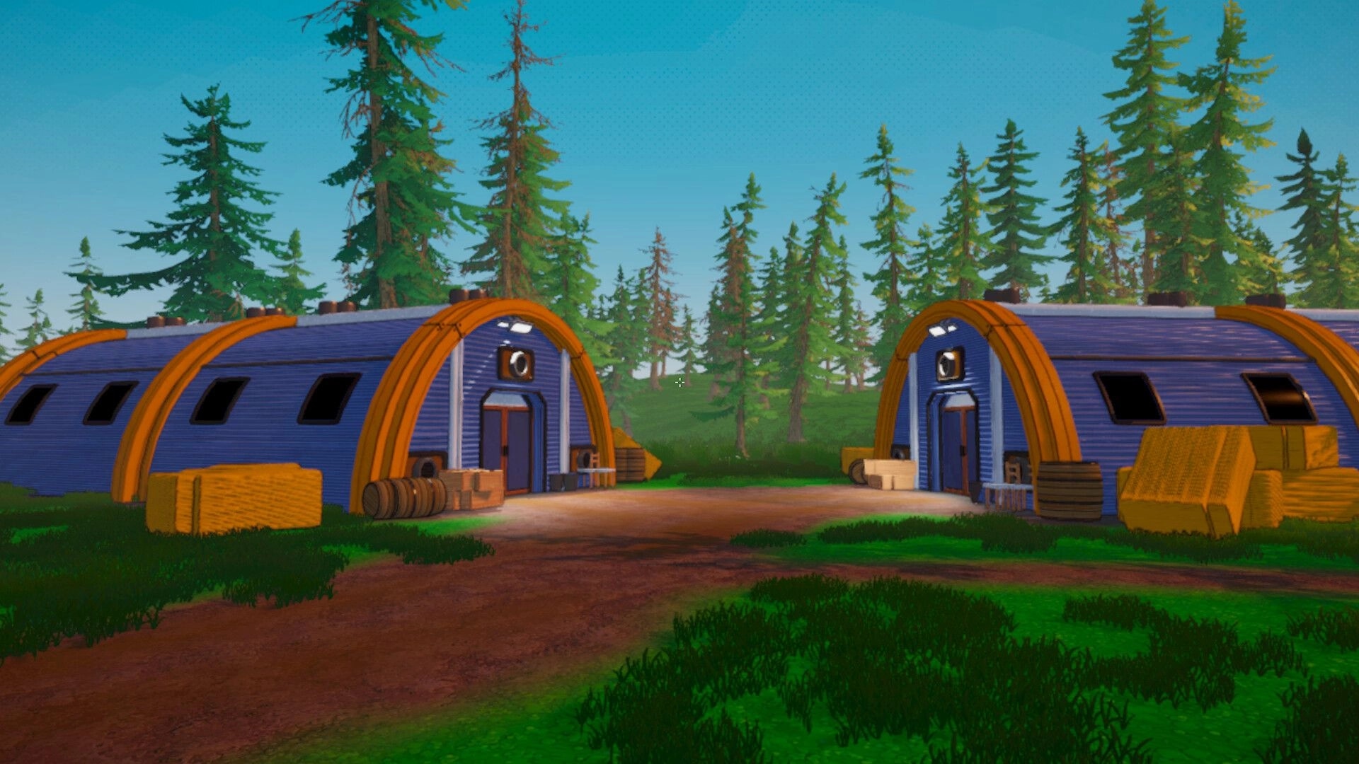I Know a Guy: View of two blue arched warehouses and supplies along a dirt path in pine woods.