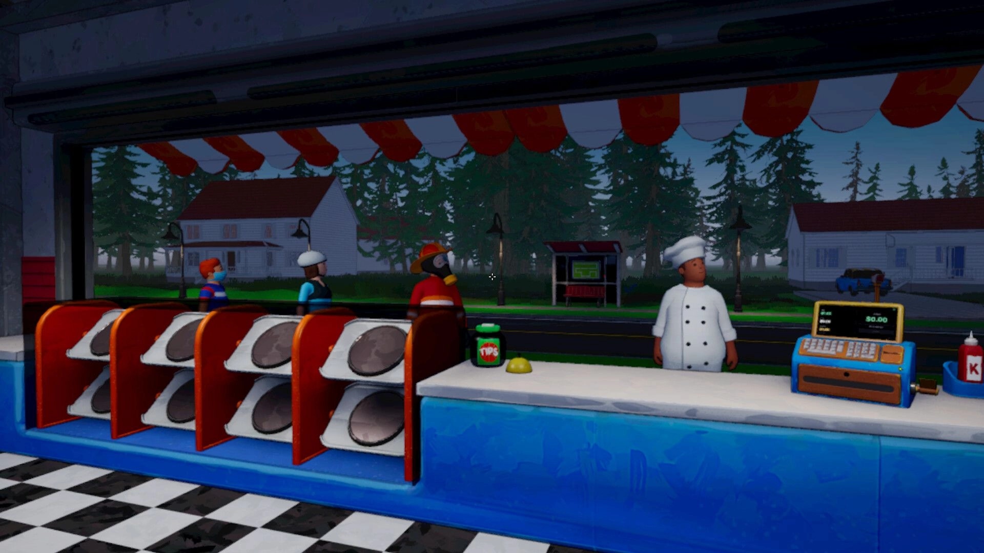 I Know a Guy: Chef at pizza counter with cash register and tip jar, customers outside by road.