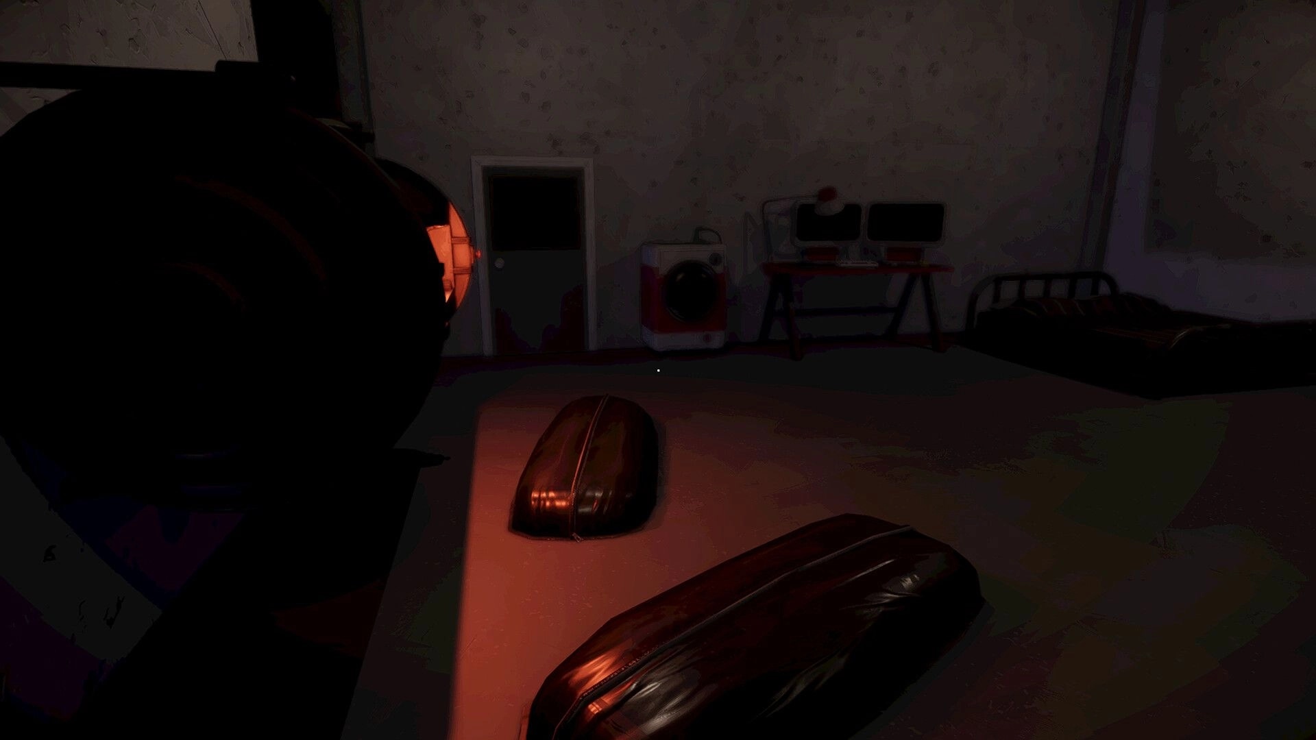 I Know a Guy: First-person view in a dim bedroom with bed, laundry machine, and desk with monitors.