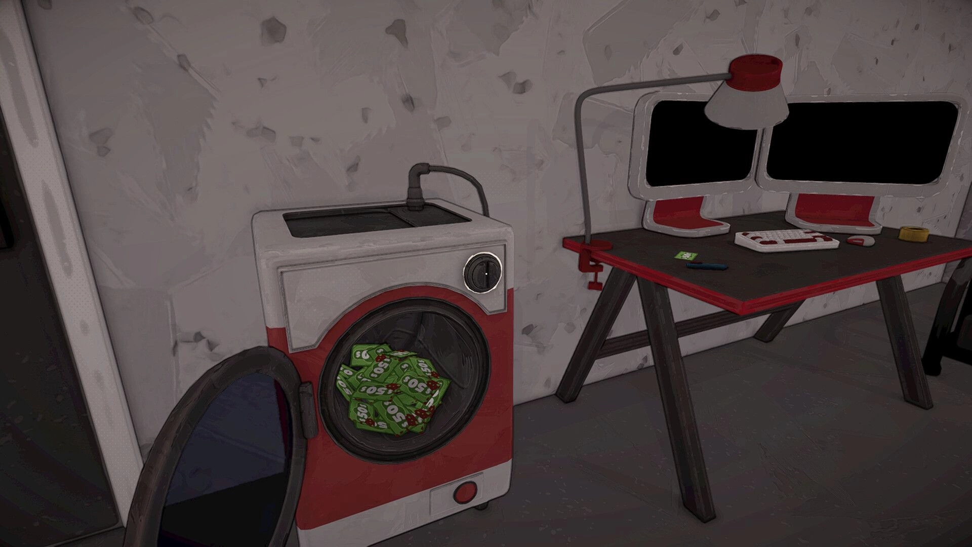 I Know a Guy: Cash bundles hidden in an open washer beside a dual-monitor desk in a back room.