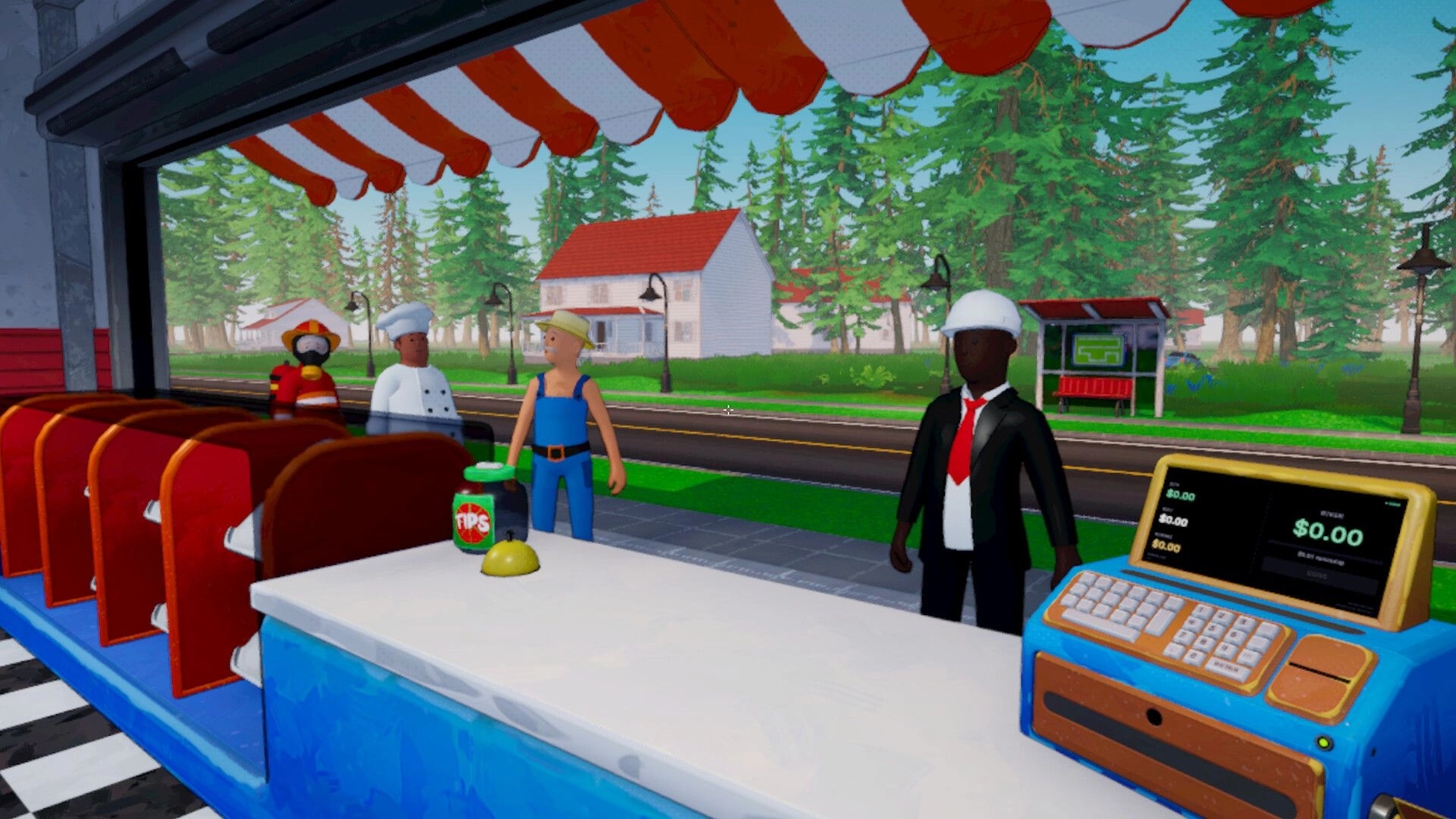 I Know a Guy: Customer at pizza counter with cash register UI and NPCs outside by a bus stop.