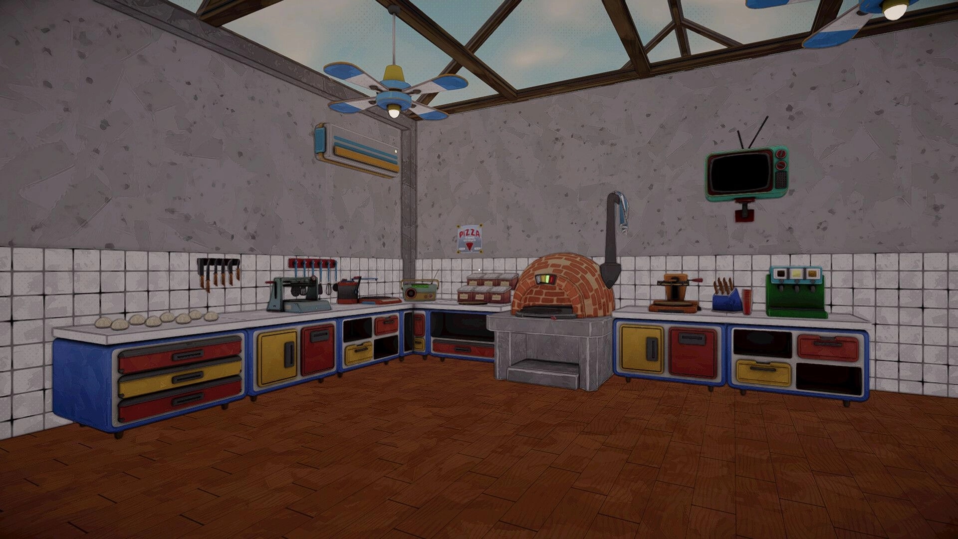 I Know a Guy: Empty pizza prep kitchen with brick oven, counters, tools, and TV in tiled room.