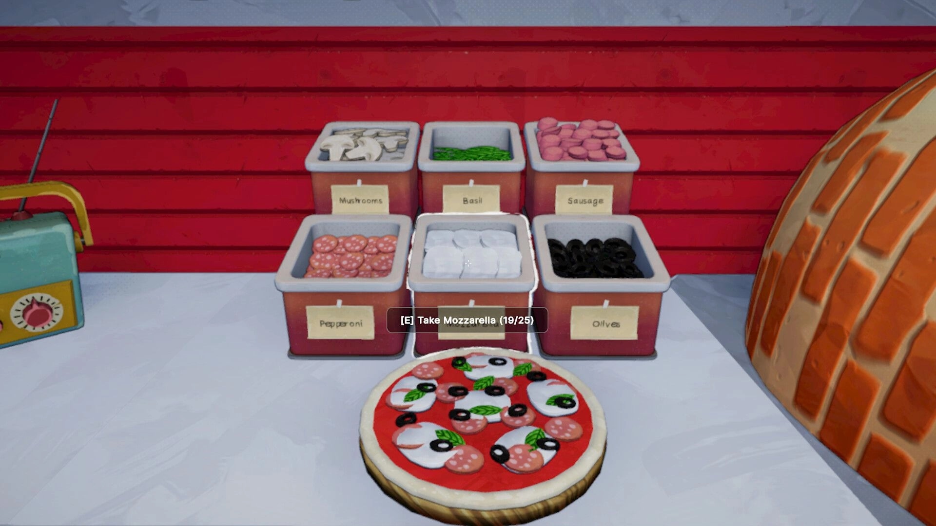 I Know a Guy: Prompt to take mozzarella beside topped pizza on prep counter in red-walled kitchen.