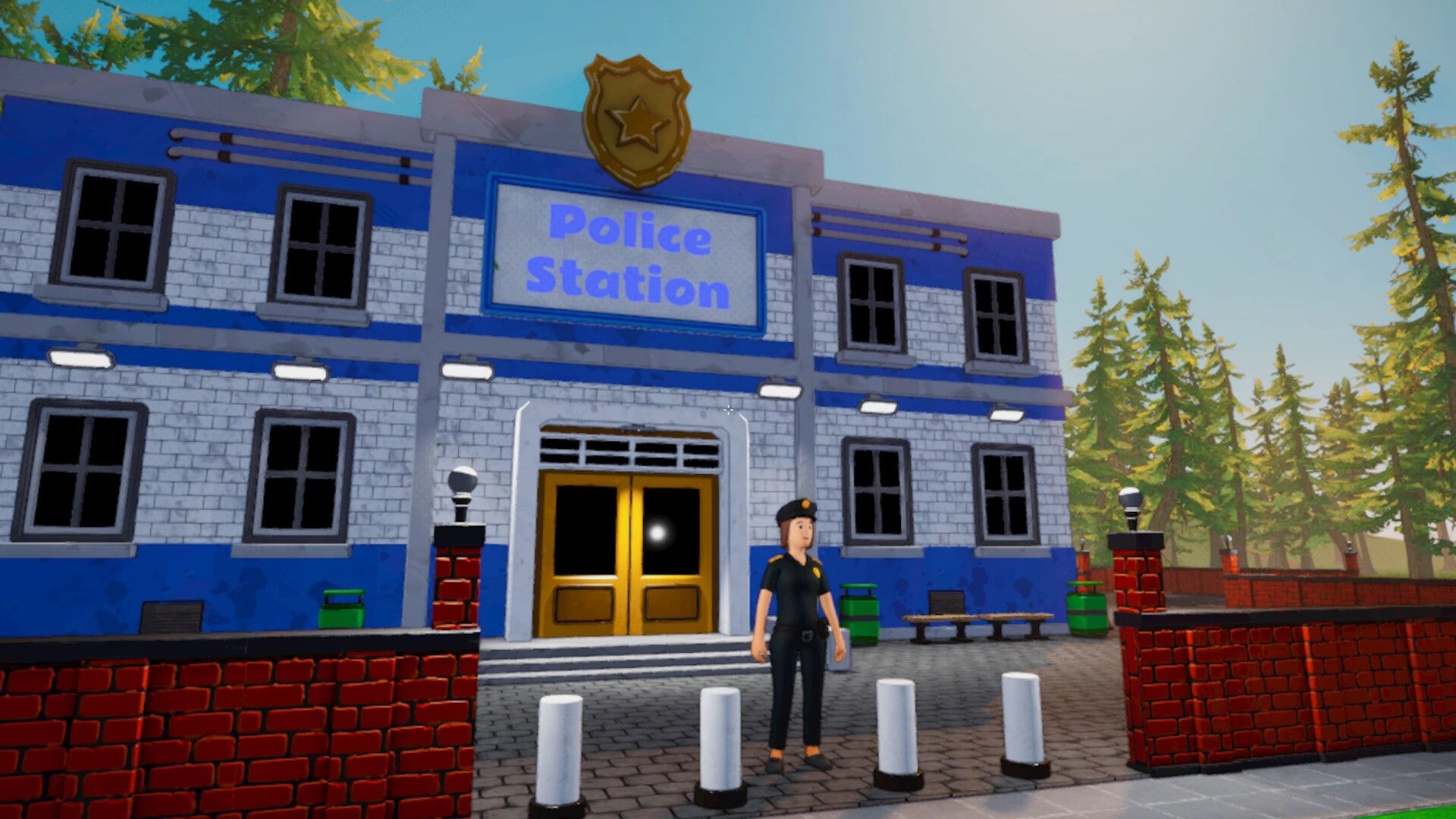 I Know a Guy: Police officer NPC standing by the entrance of a police station courtyard outdoors.