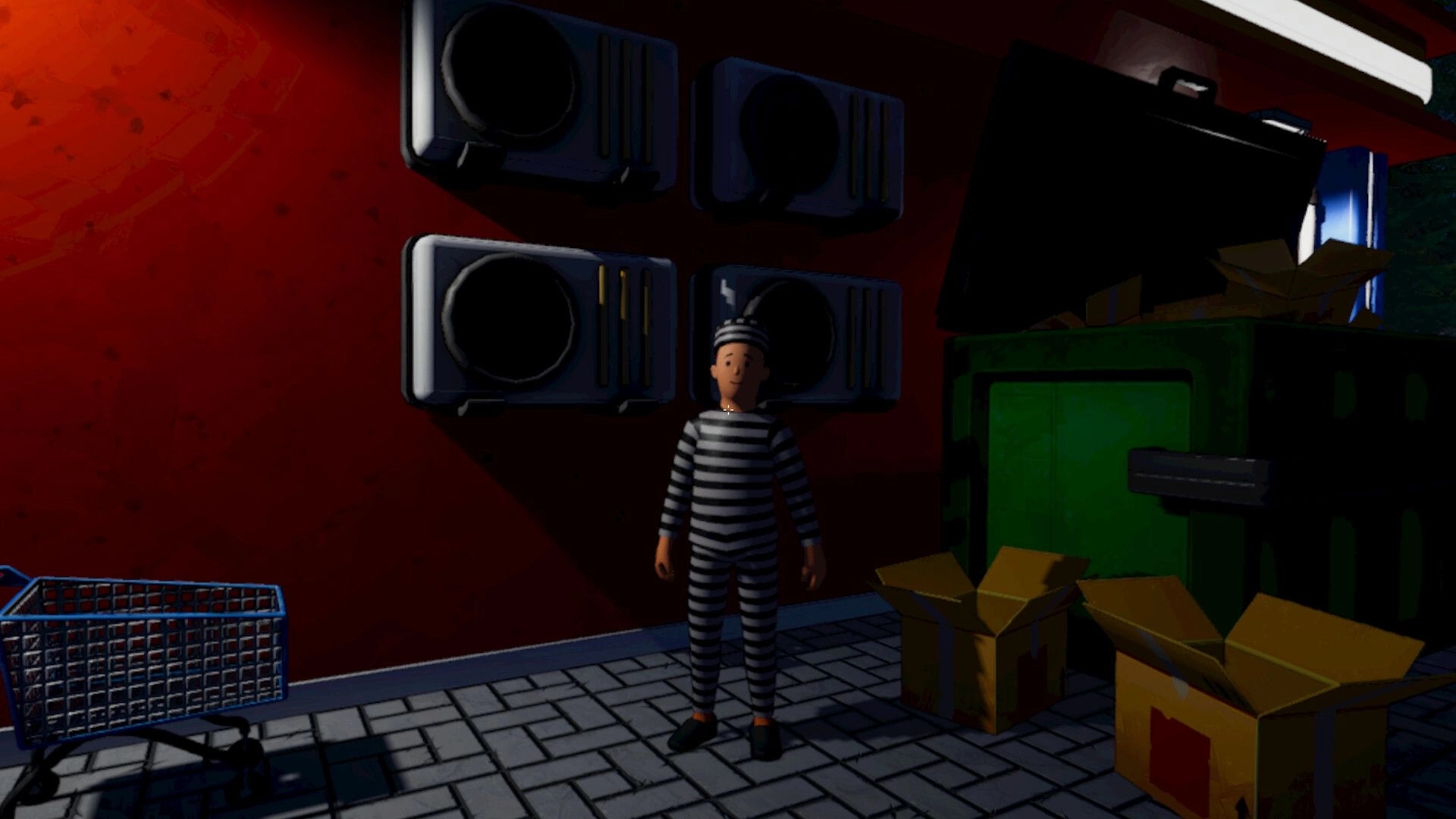 I Know a Guy: Striped inmate NPC stands by wall speakers and open boxes in a dim backroom area.