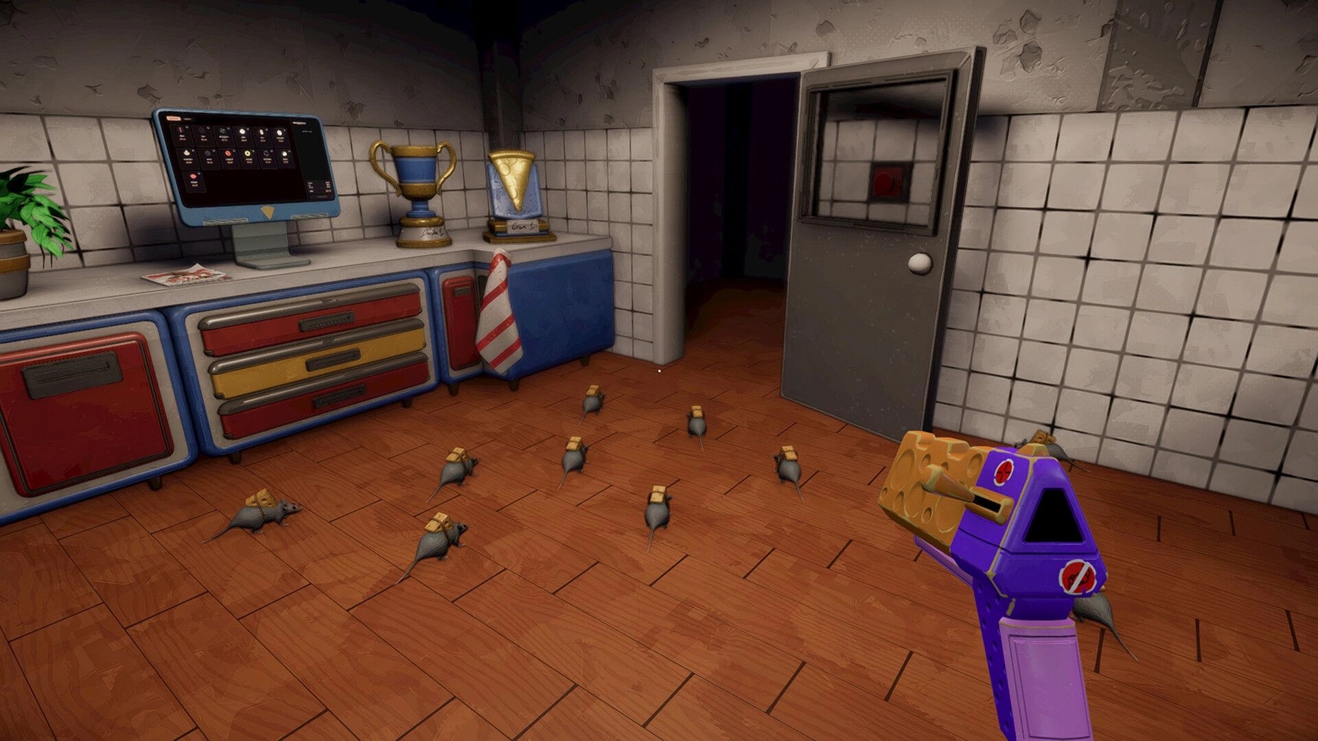 I Know a Guy: First-person player aims a purple cheese gun at mice in a tiled backroom kitchen.