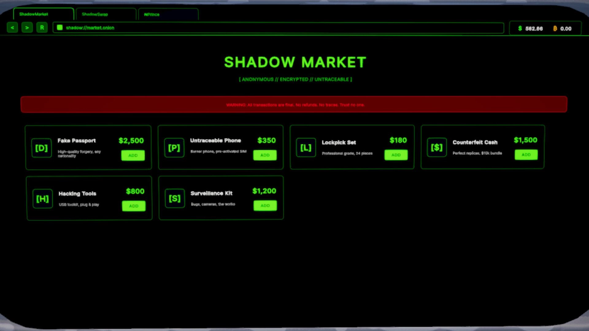 I Know a Guy: Shadow Market shop menu with illegal items and Add buttons on a dark web page.