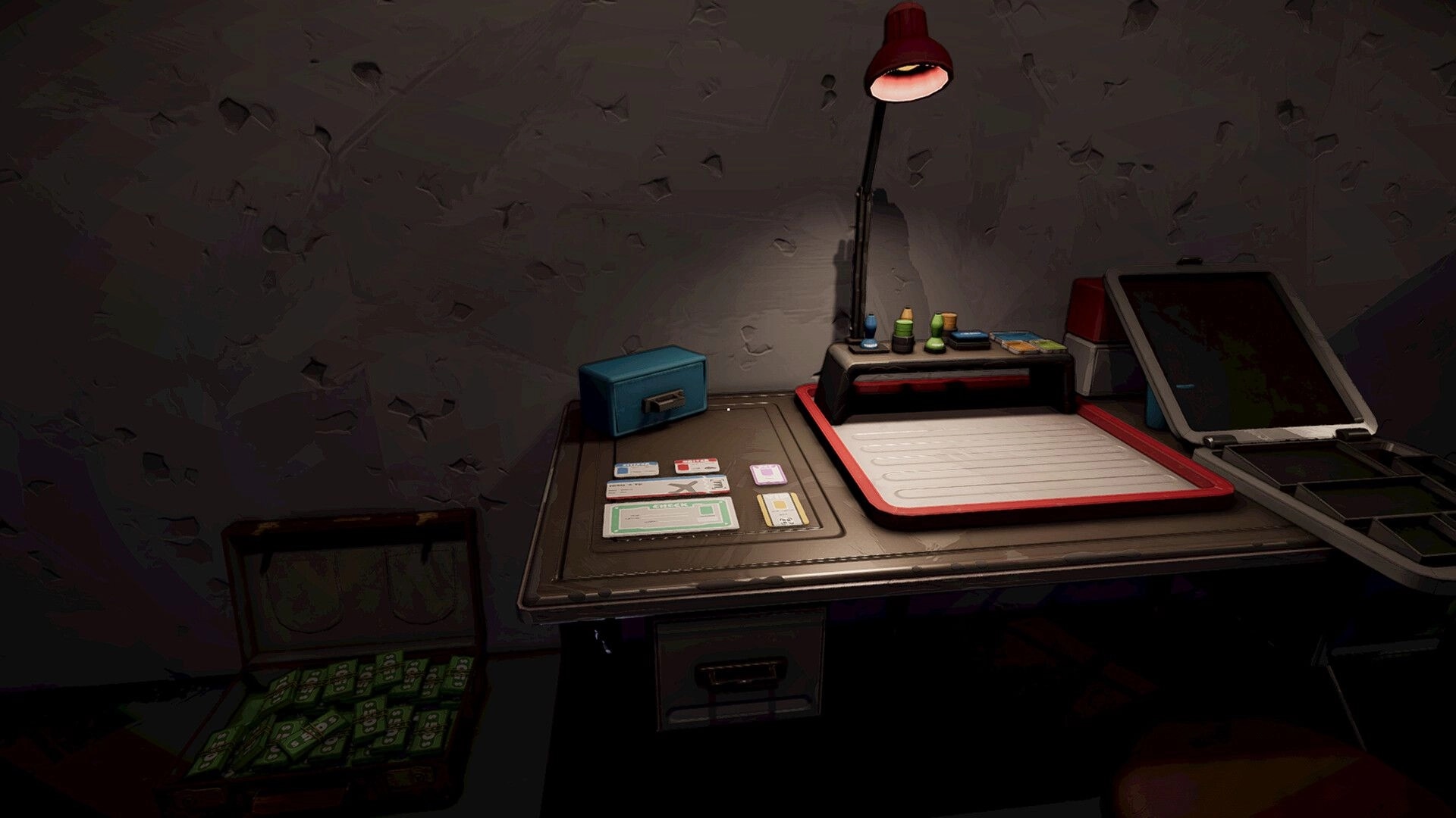 I Know a Guy: Desk with ID cards, cash box, and receipt tray under a lamp in a backroom office.