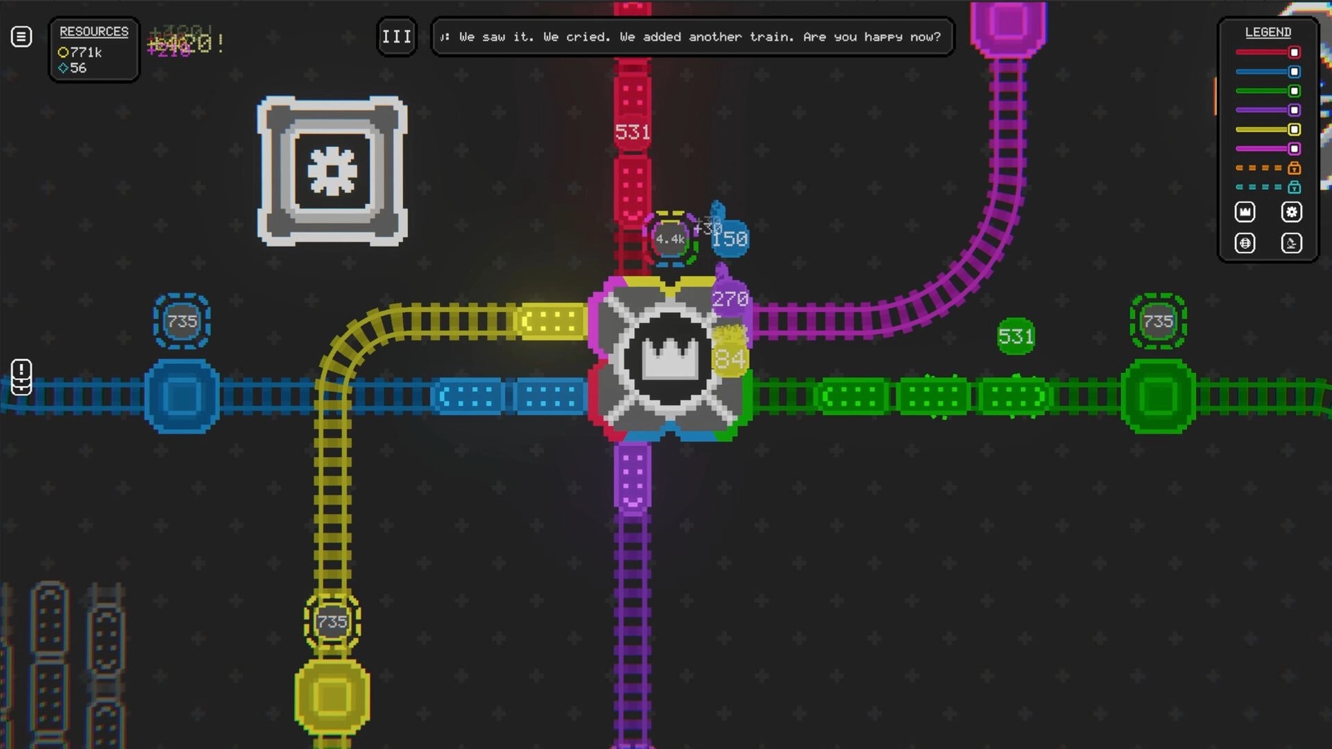 I Like Trains: Color-coded rail lines converge on a central hub with resources and legend UI panels.