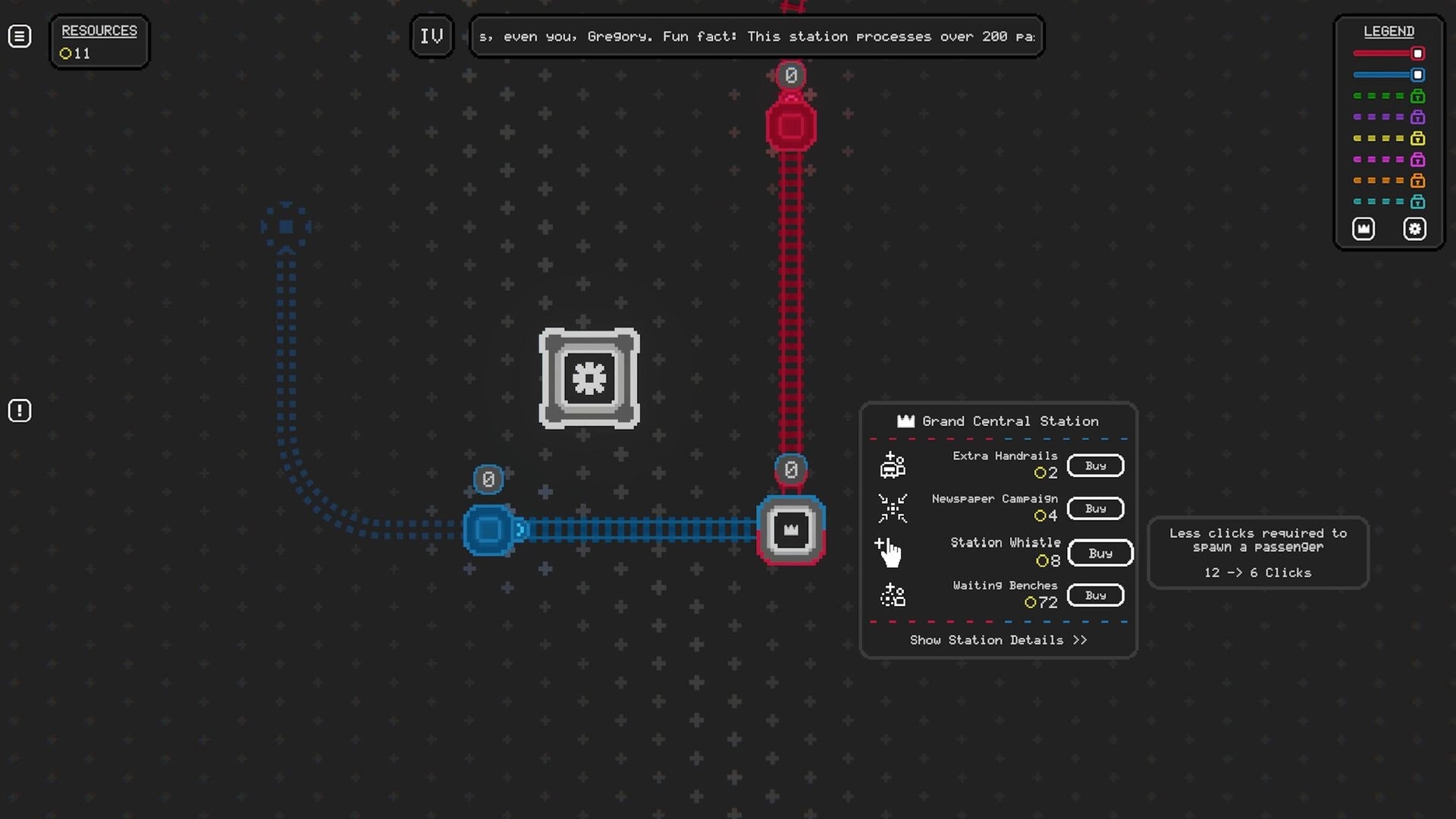 I Like Trains: Blue and red rail lines connect stations, Grand Central upgrades menu on dark grid map.