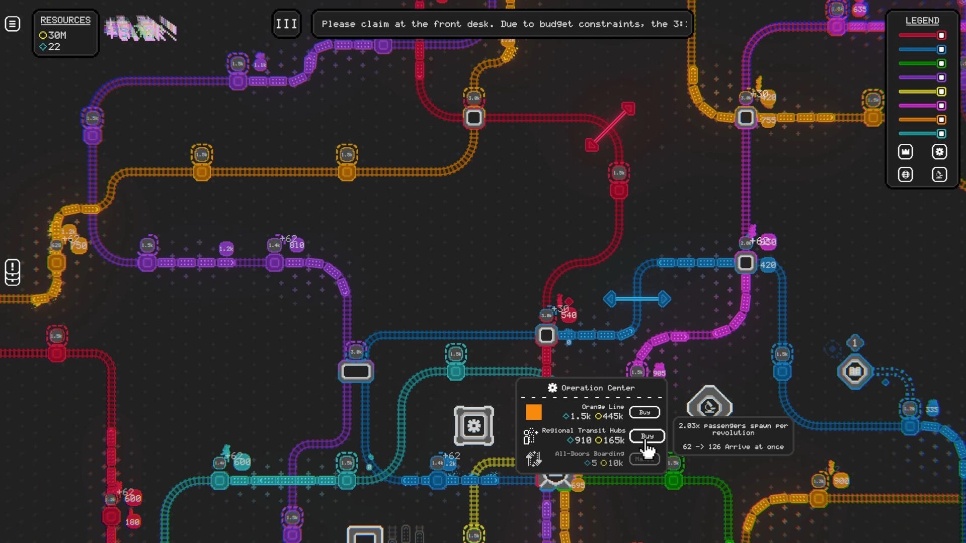 I Like Trains: Color-coded rail network map with upgrade popups and resource counters on dark grid map.