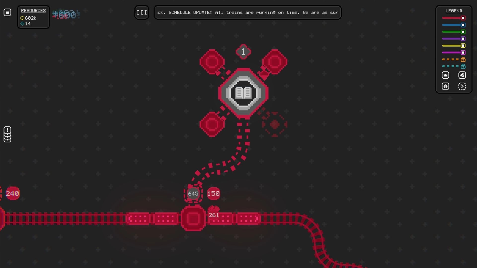 I Like Trains: Expanding red rail line to a hub station with resource counters and legend UI on grid map.