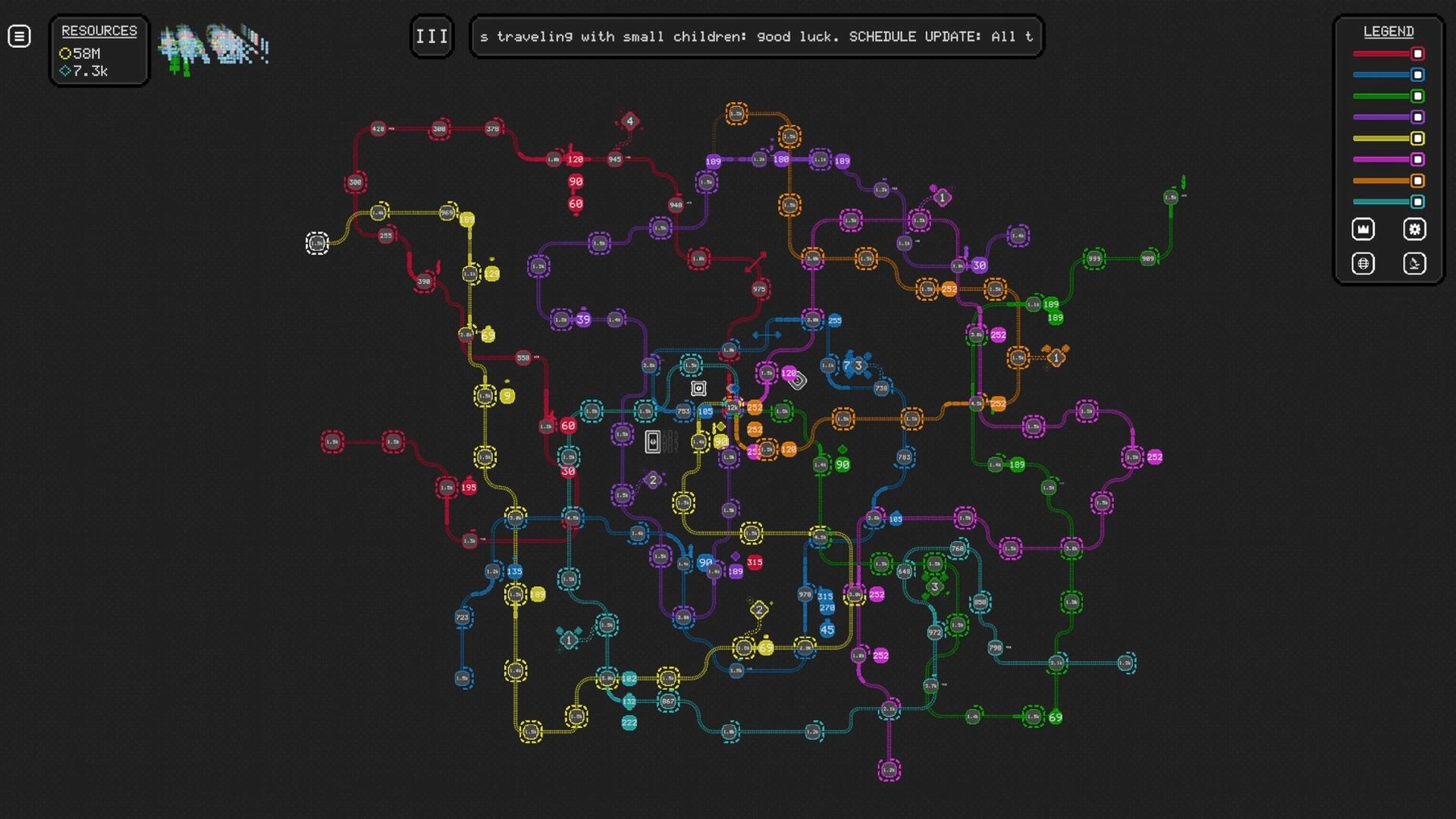 I Like Trains: Sprawling multicolor rail network map with station nodes, resources panel, legend UI.