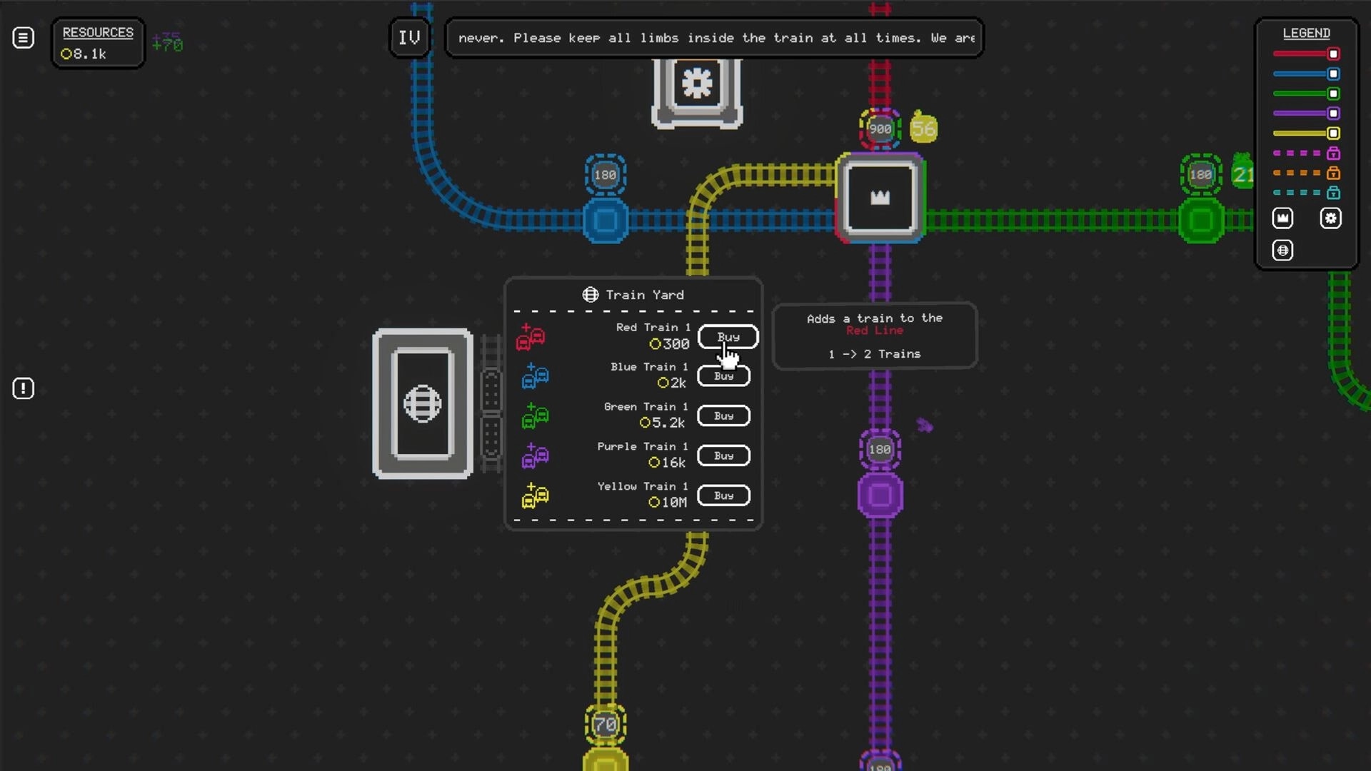 I Like Trains: Buying a red train in Train Yard menu over a colored rail network map with legend.
