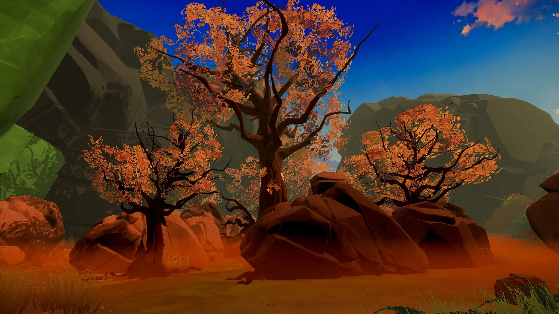 I Mother: Autumn forest with vibrant orange foliage and scattered large boulders in a rocky valley
