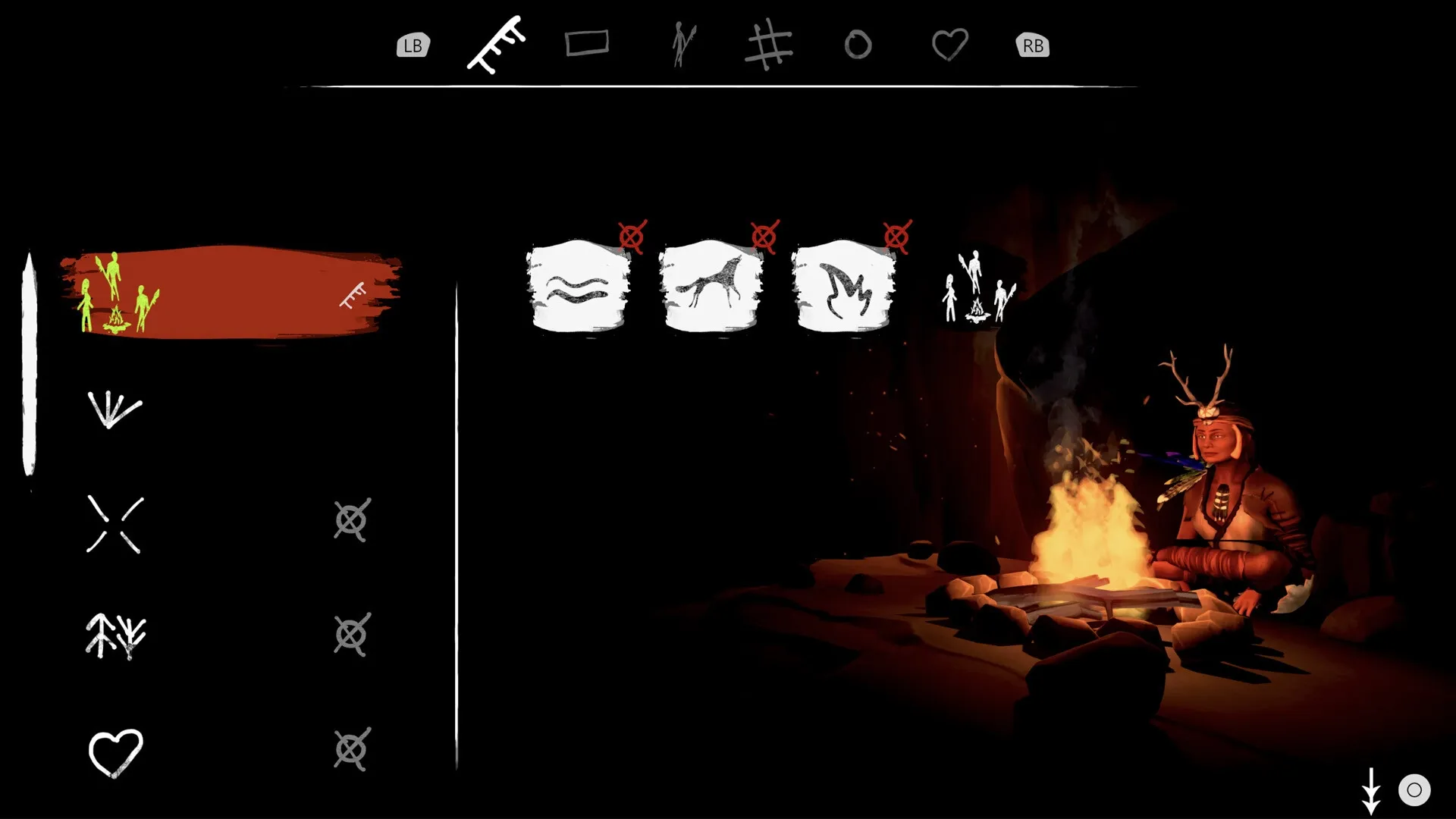 I Mother: Neanderthal woman sits by a campfire in cave, surrounded by prehistoric symbol menu options.