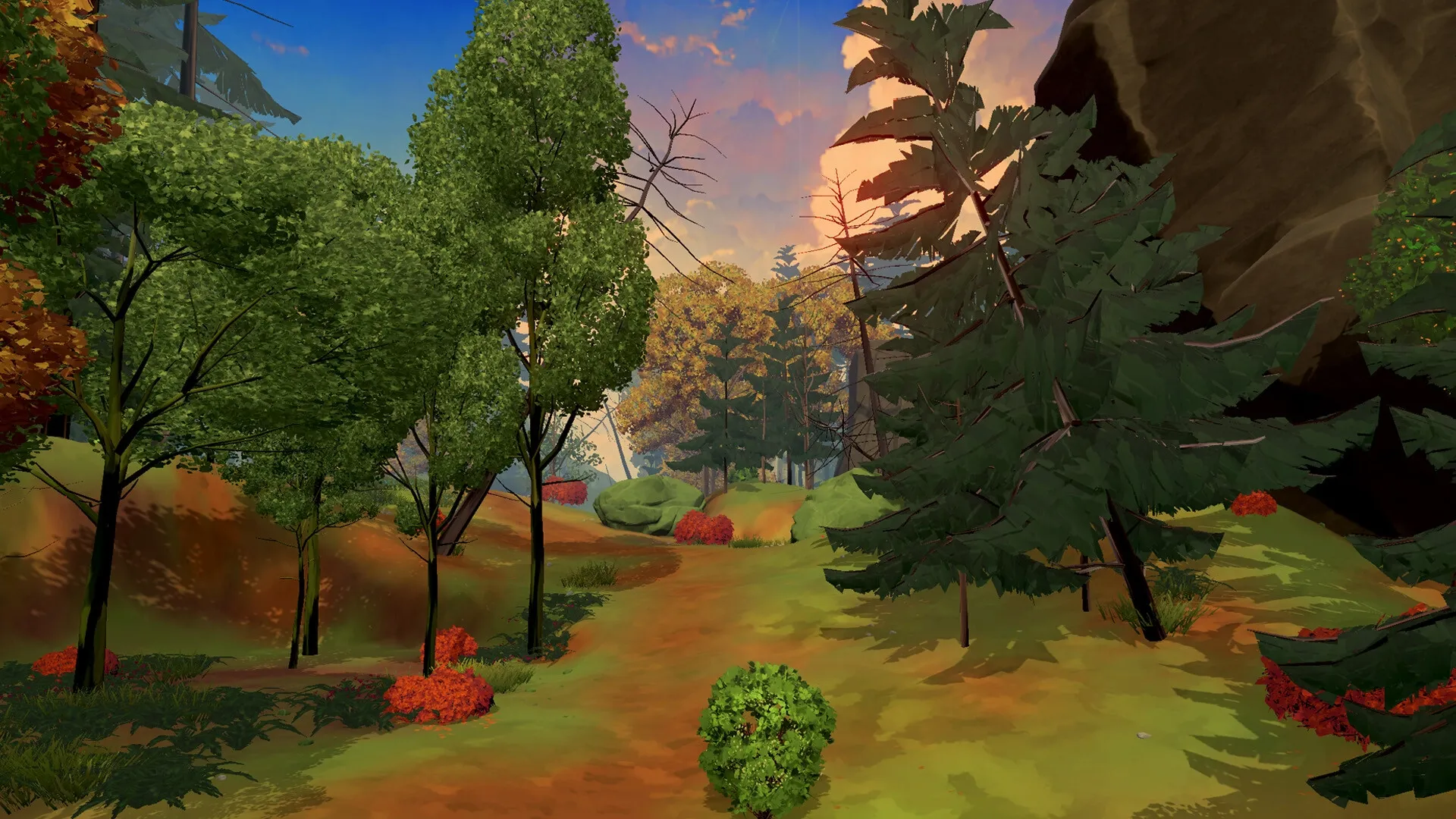 I Mother: Lush prehistoric forest landscape with diverse trees and vibrant foliage under a colorful sky