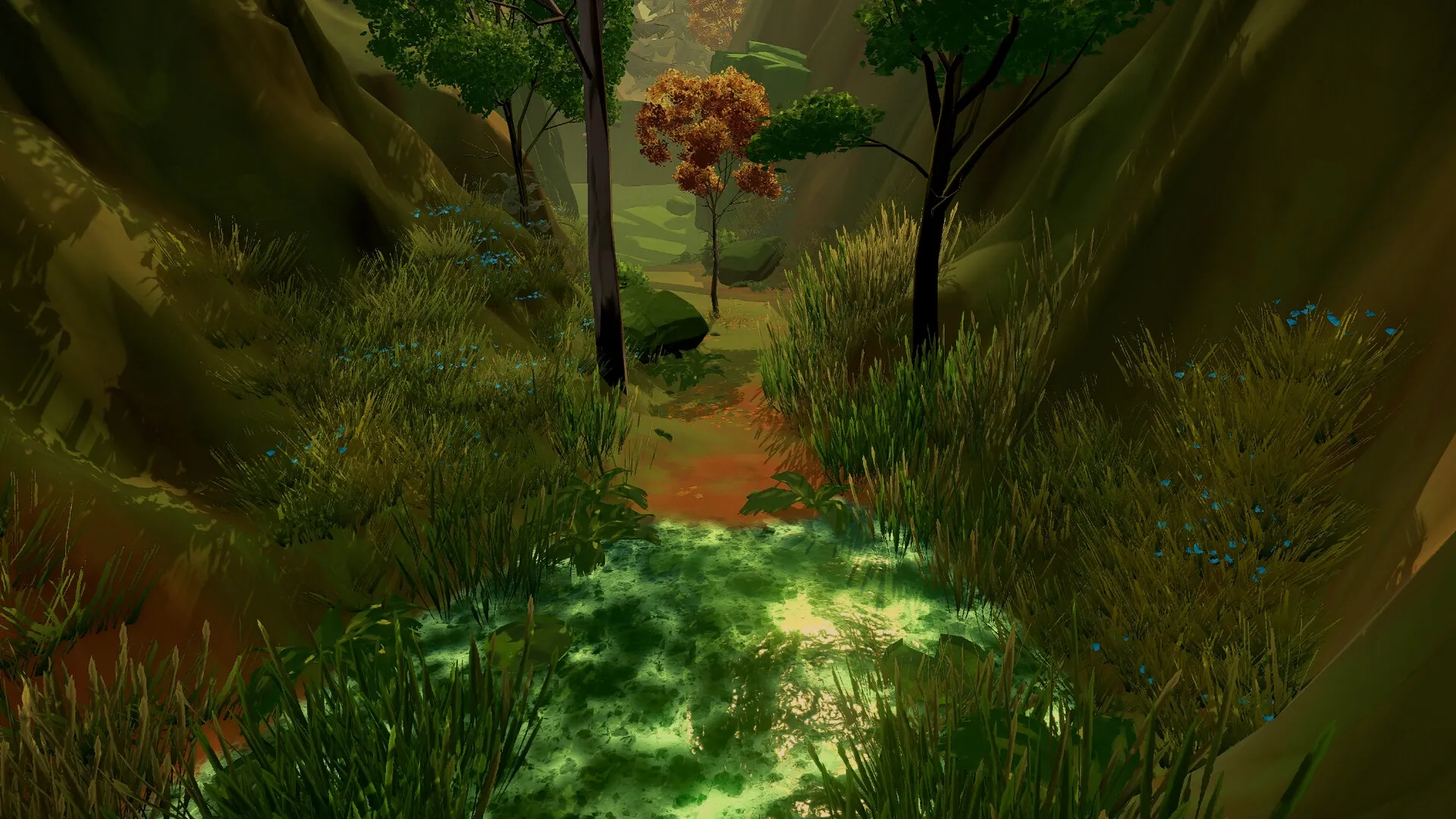 I Mother: Lush prehistoric forest path surrounded by dense foliage and sunlight filtering through trees