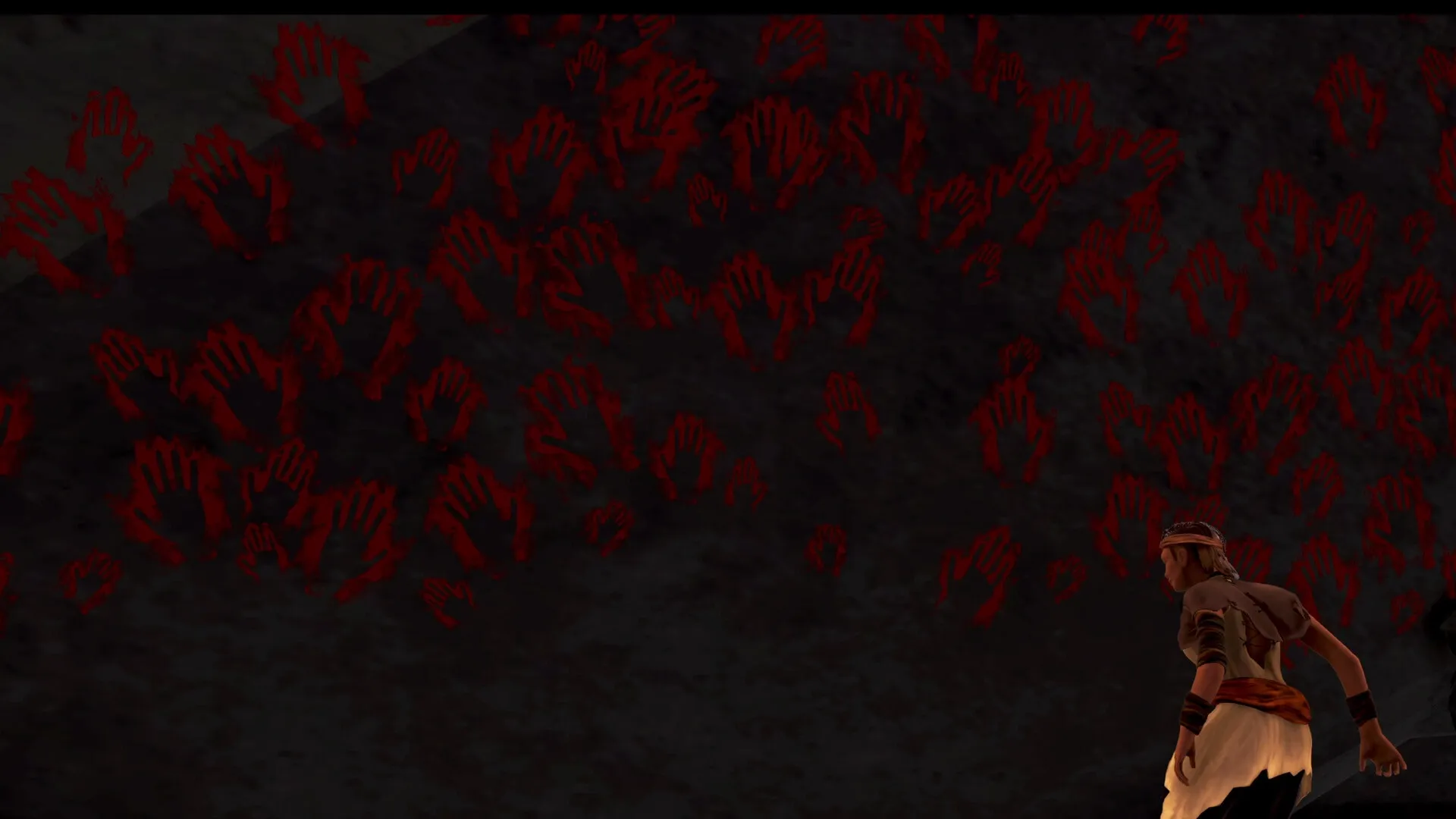 I Mother: Neanderthal woman examines prehistoric red handprints on cave wall in dimly lit environment