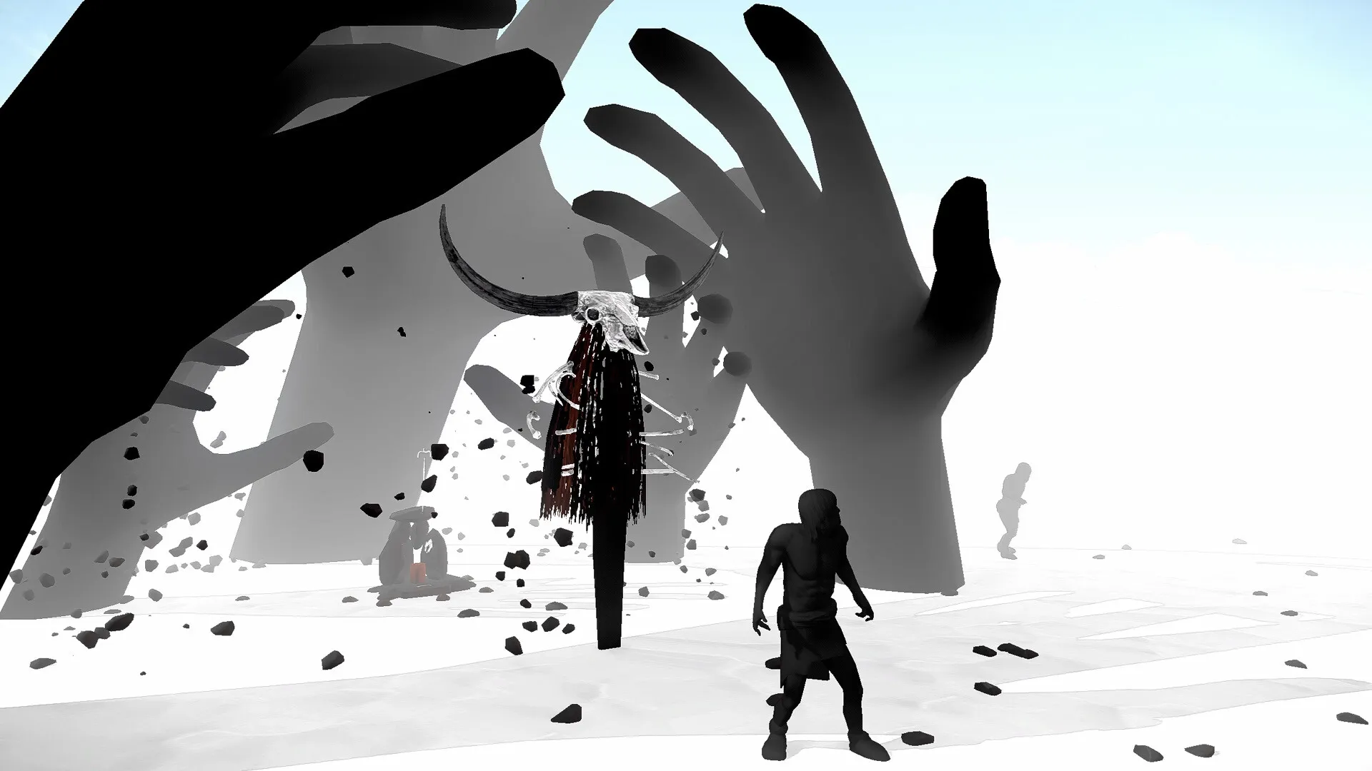 I Mother: Neanderthal woman stands before towering hands and a skull totem in a stark, snowy landscape
