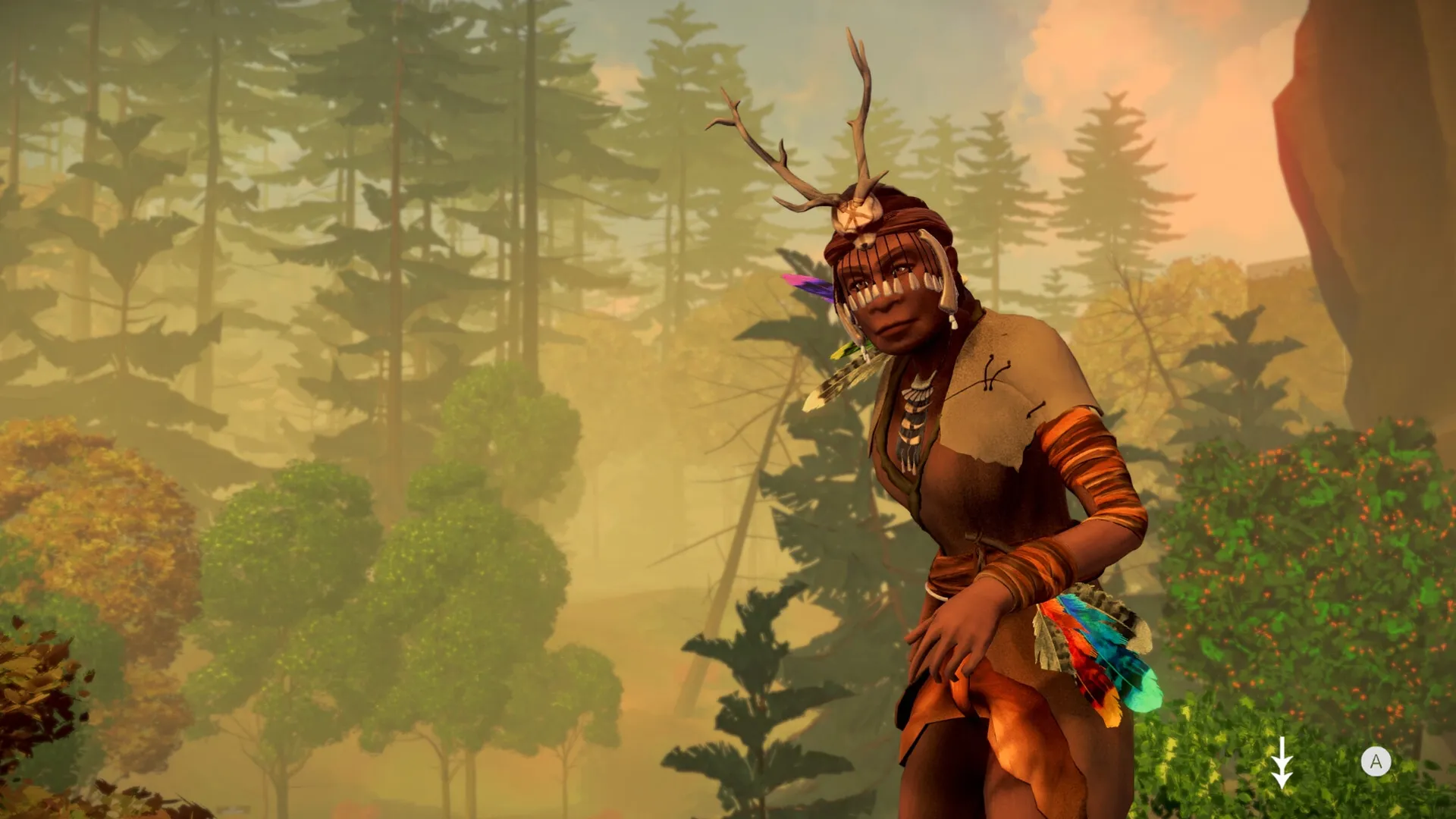 I Mother: Neanderthal woman in decorated attire explores a dense forest, with UI prompts for interaction