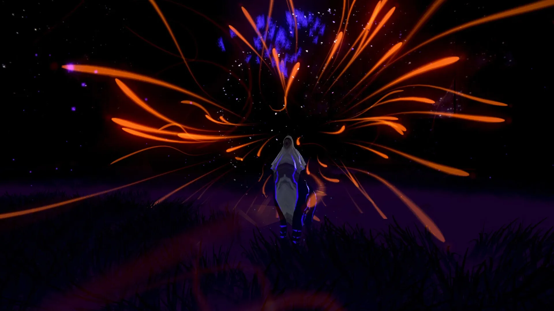 I Mother: Neanderthal woman stands beneath glowing orange and blue symbols in a dark grassy landscape