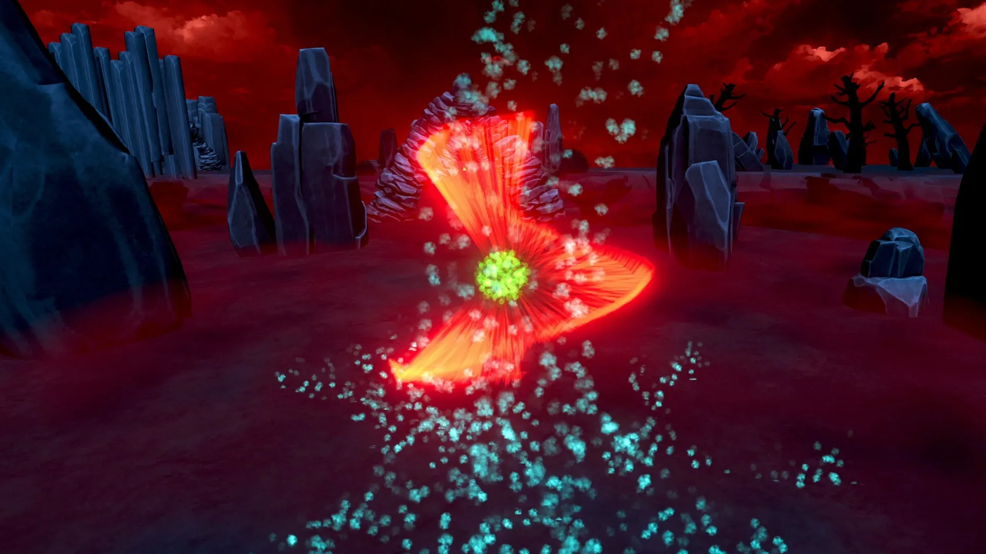I Mother: Glowing red symbol amidst towering rocks in a dark prehistoric landscape