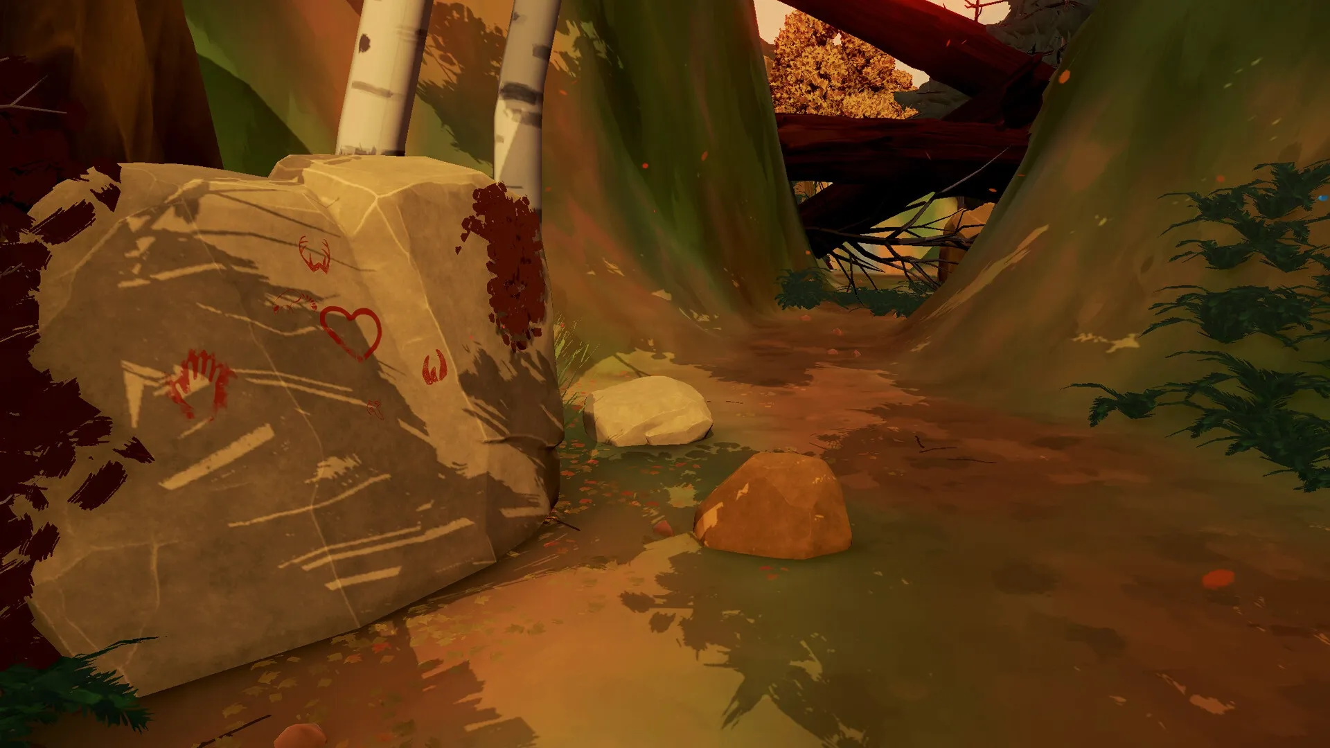 I Mother: Prehistoric symbols and handprints on a rock in a wooded path setting