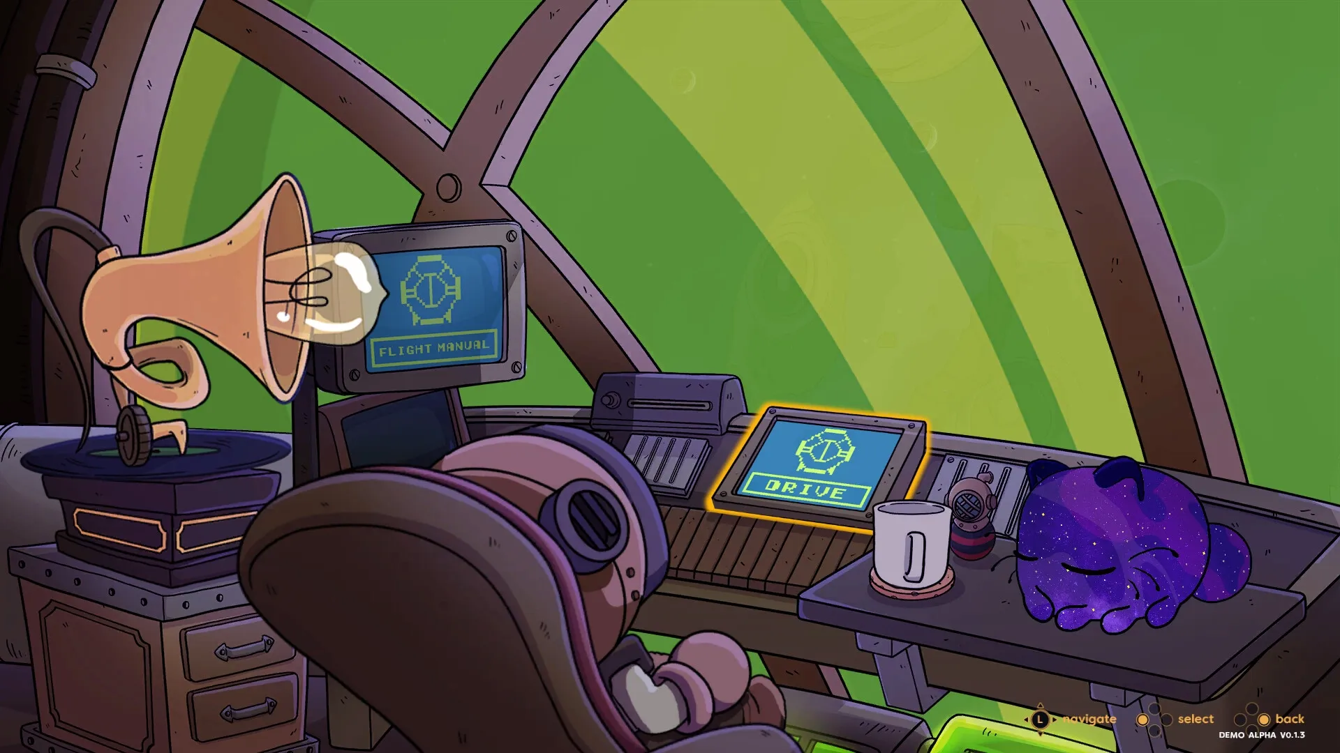 I NEED SPACE: Cosmicat naps on the spaceship's control panel with flight manual and drive screens visible.