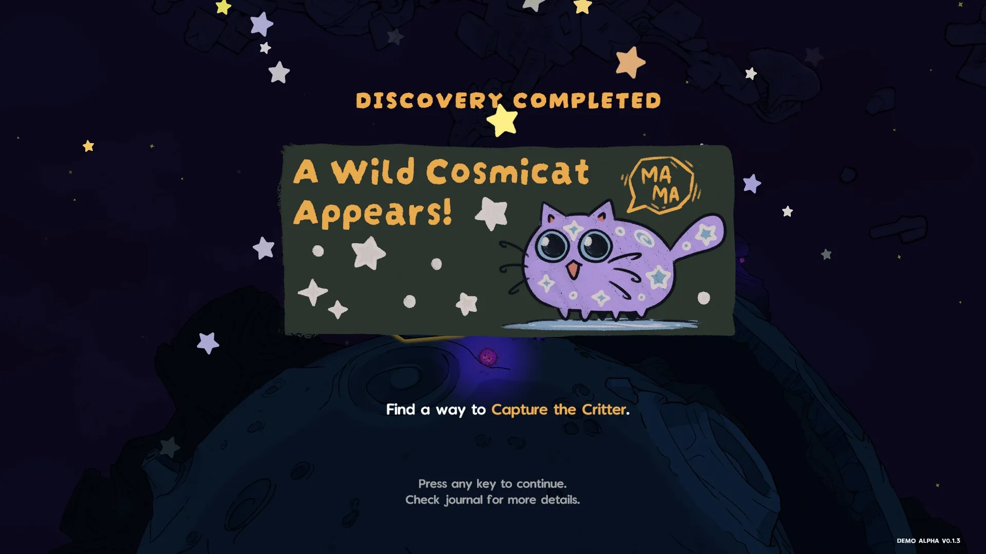 I NEED SPACE: Cosmicat discovery prompt with capture instructions in a starry space setting