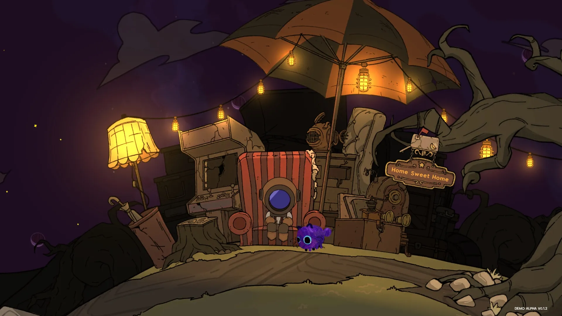 I NEED SPACE: Cosmicat and companion resting at cozy campsite with warm lighting under a starry sky.