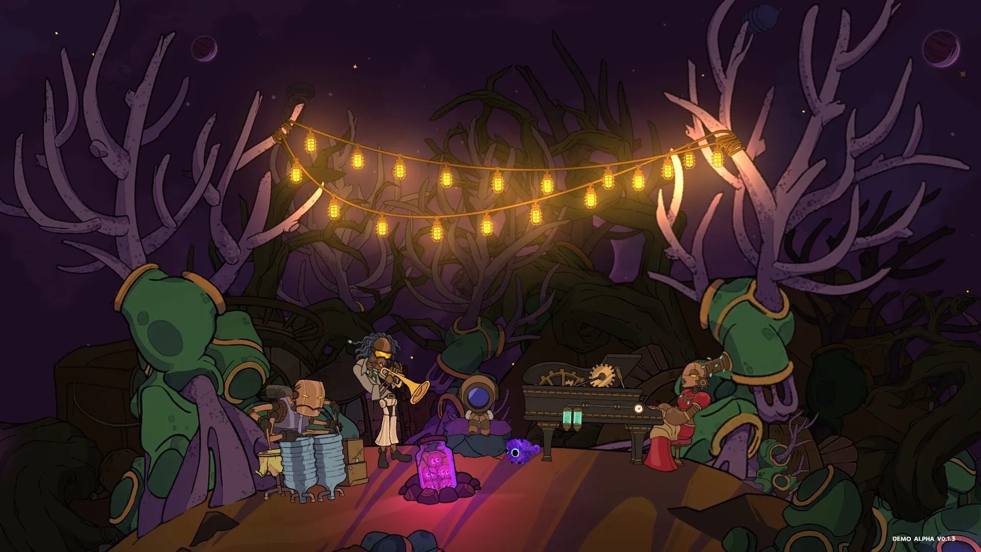 I NEED SPACE: Cosmicat and companions play music under glowing lights in a mystical alien forest setting.