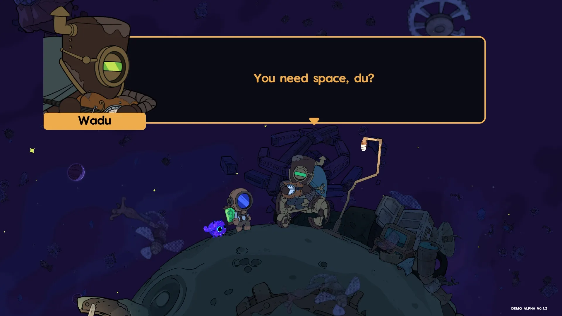 I NEED SPACE: Dialogue with Wadu on a small planet, surrounded by cosmic debris and a purple night sky.