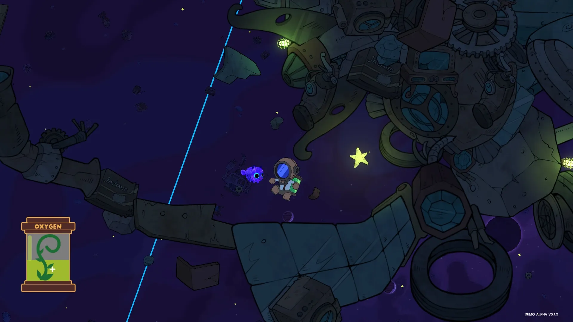 I NEED SPACE: Astronaut with Cosmicat exploring space debris near a massive derelict spaceship
