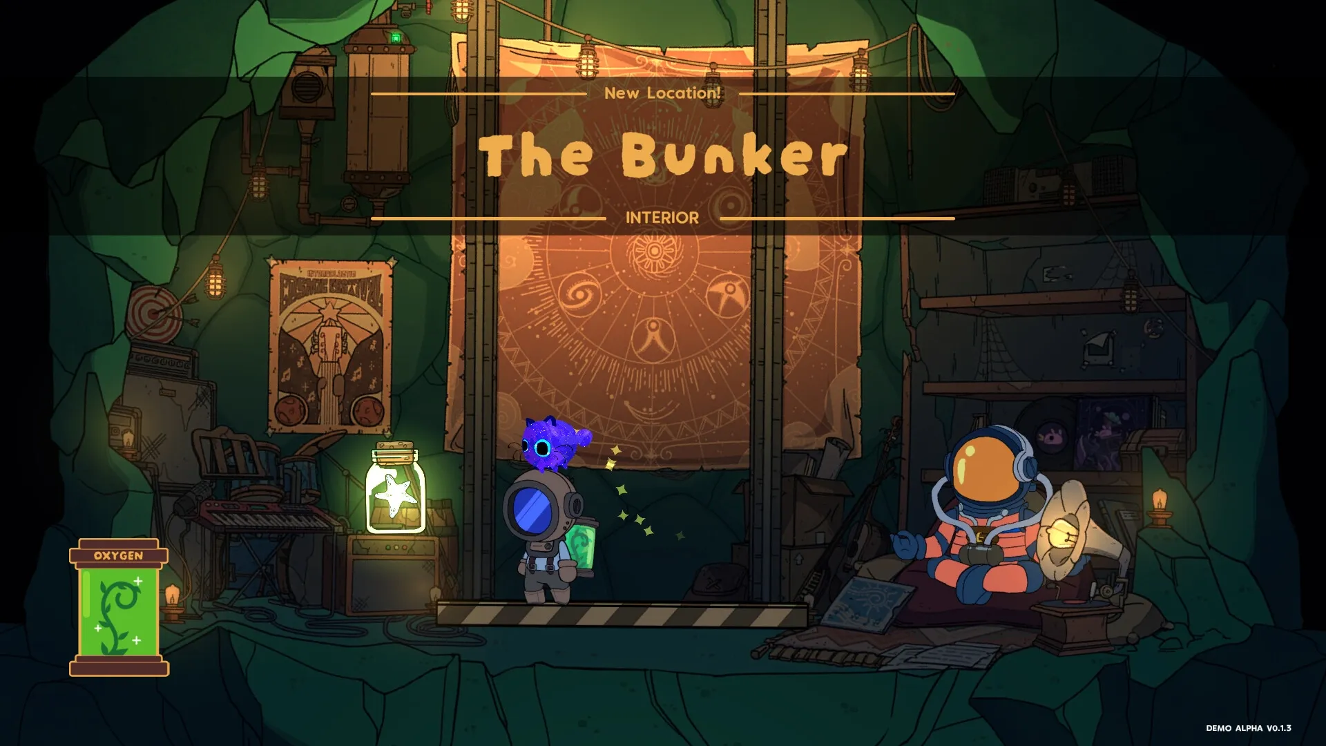 I NEED SPACE: Character enters The Bunker interior with Cosmicat companion and oxygen meter visible