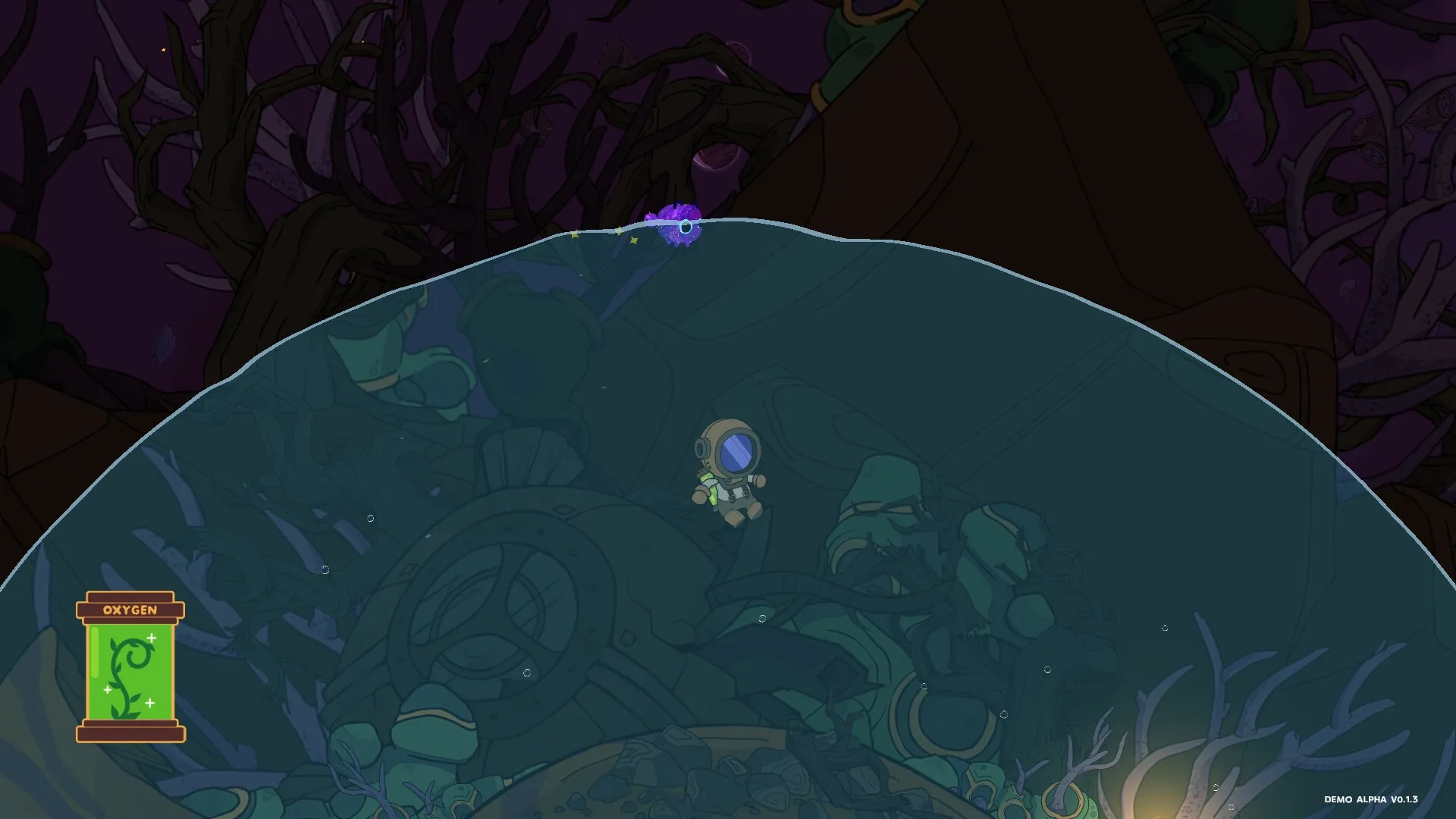 I NEED SPACE: Astronaut explores submerged wreckage with Cosmicat, oxygen meter visible in eerie landscape.