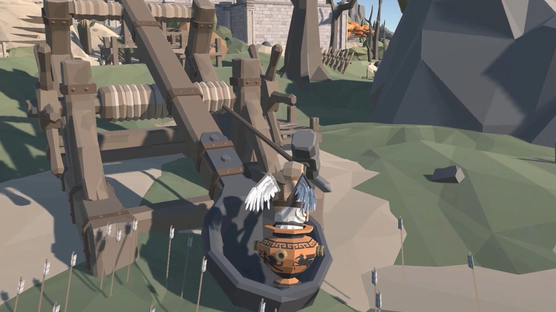 Icarus: Character with wings operating a large catapult in a mountainous area near ancient ruins