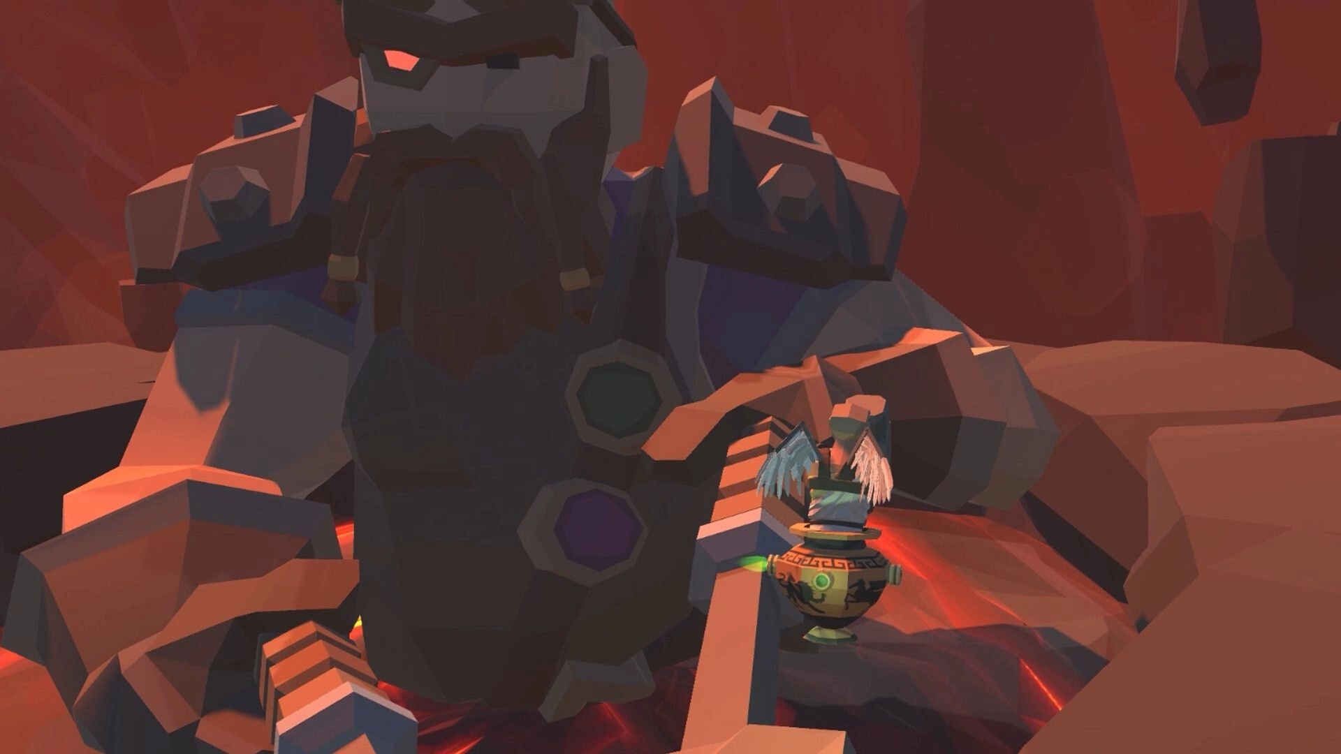 Icarus: Giant stone guardian with glowing red eyes guarding a winged artifact in a volcanic cavern