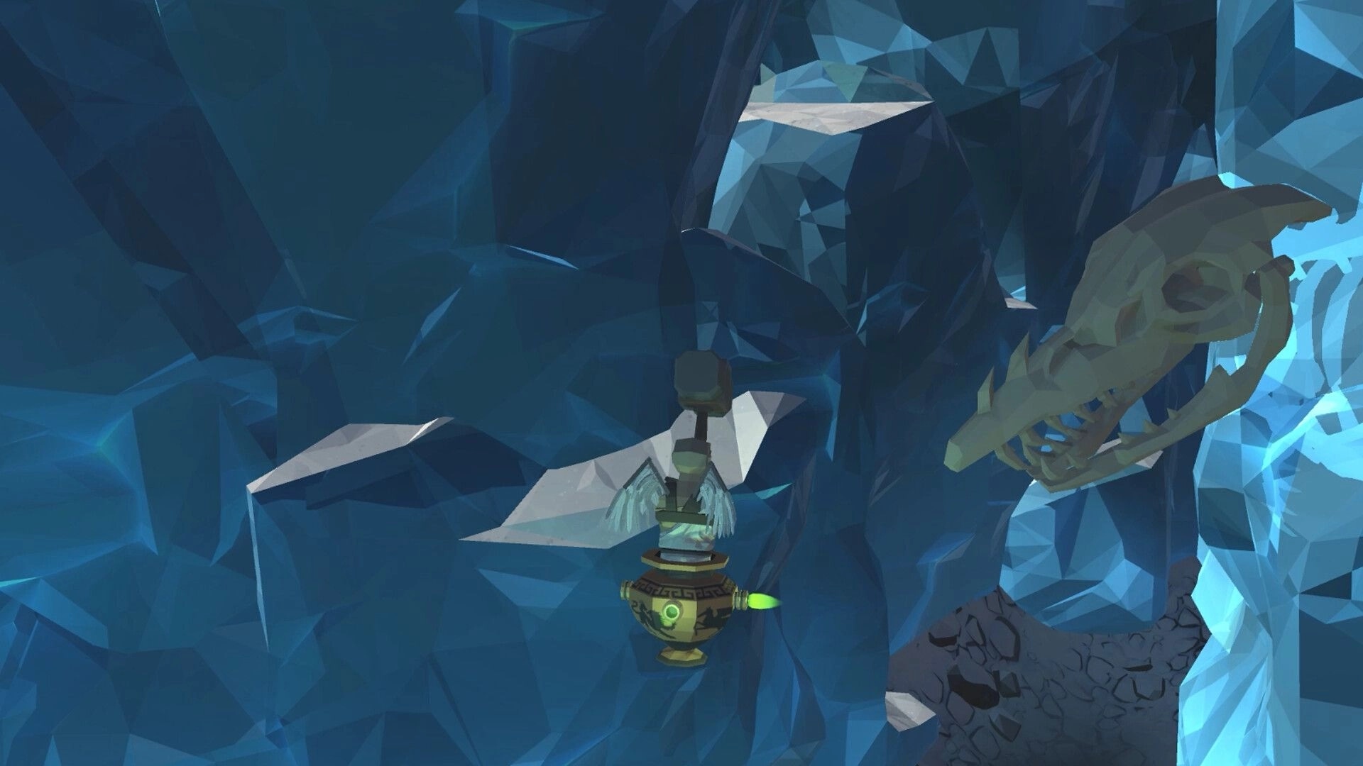 Icarus: Character swings hammer in icy cave with large skull visible
