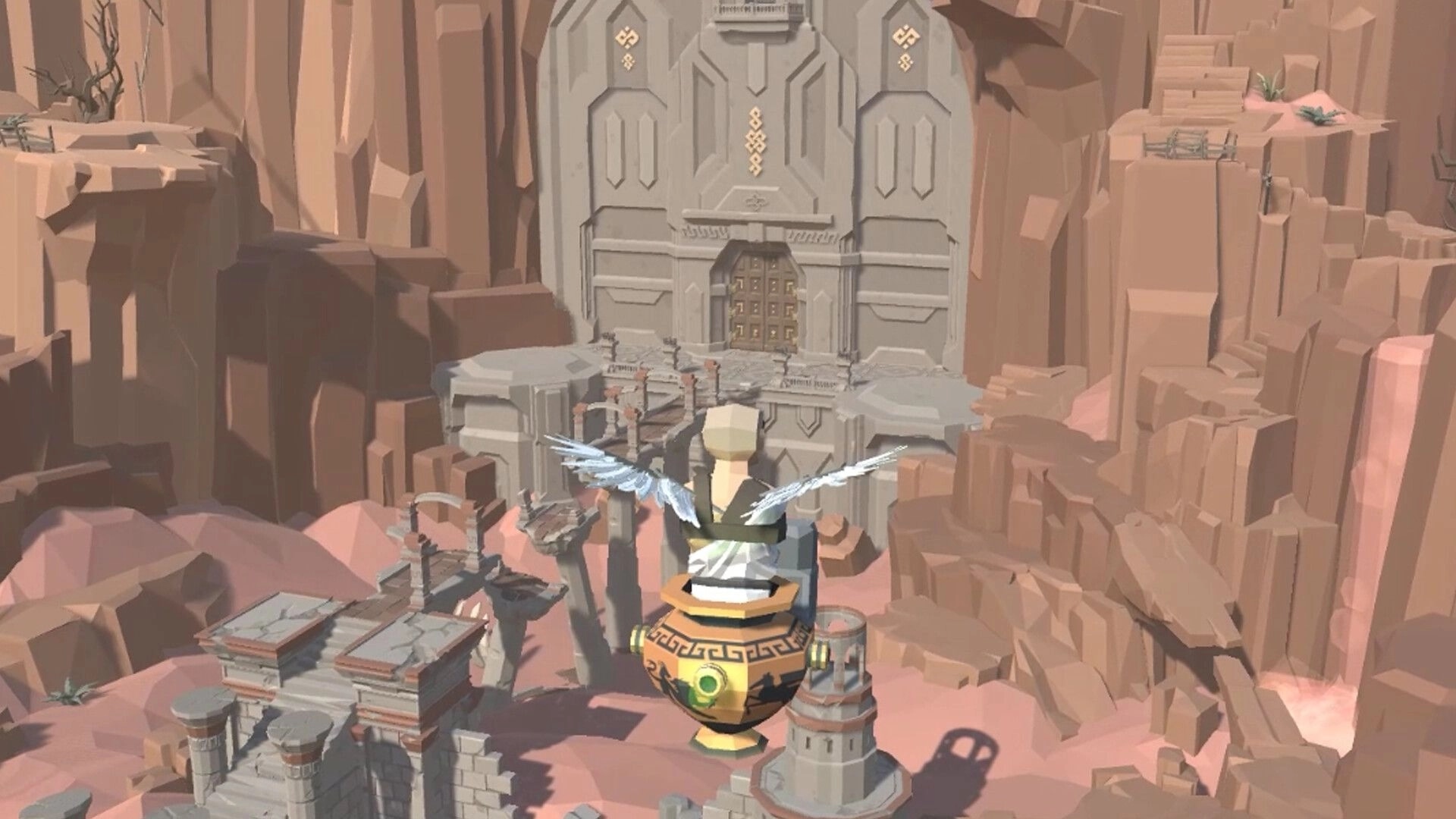 Icarus: Winged character flying towards a massive stone gate atop a rocky cliff setting