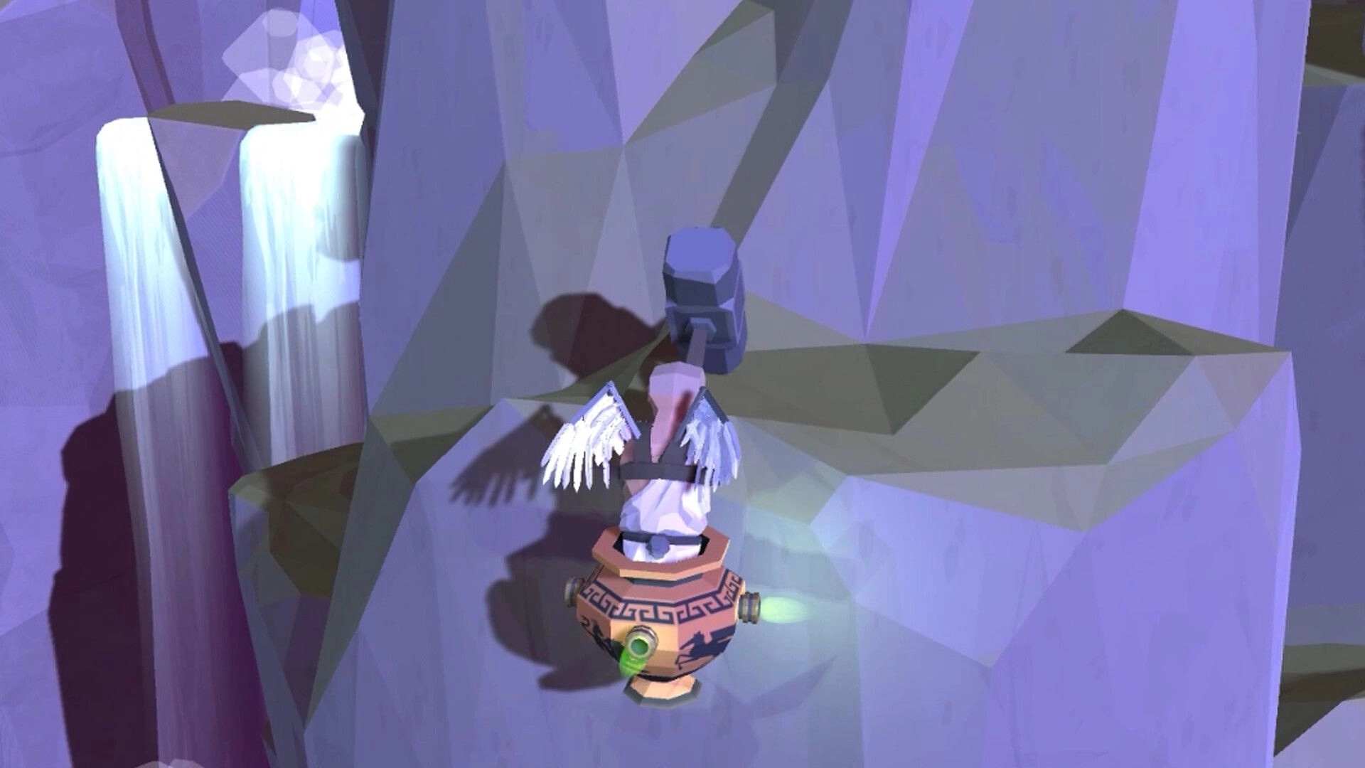 Icarus: Character swings hammer while climbing rocky wall with waterfall in background