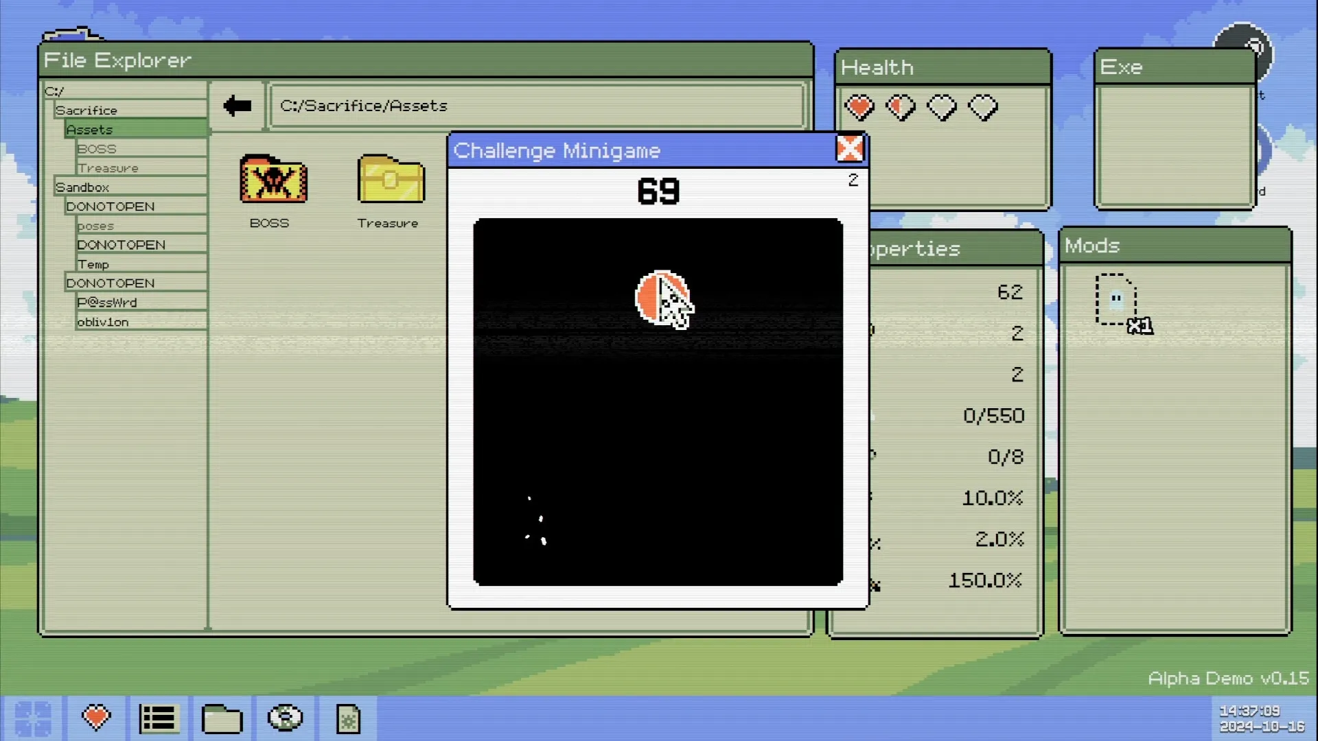 Identifile: Cursor navigates Challenge Minigame window with file explorer and health UI visible