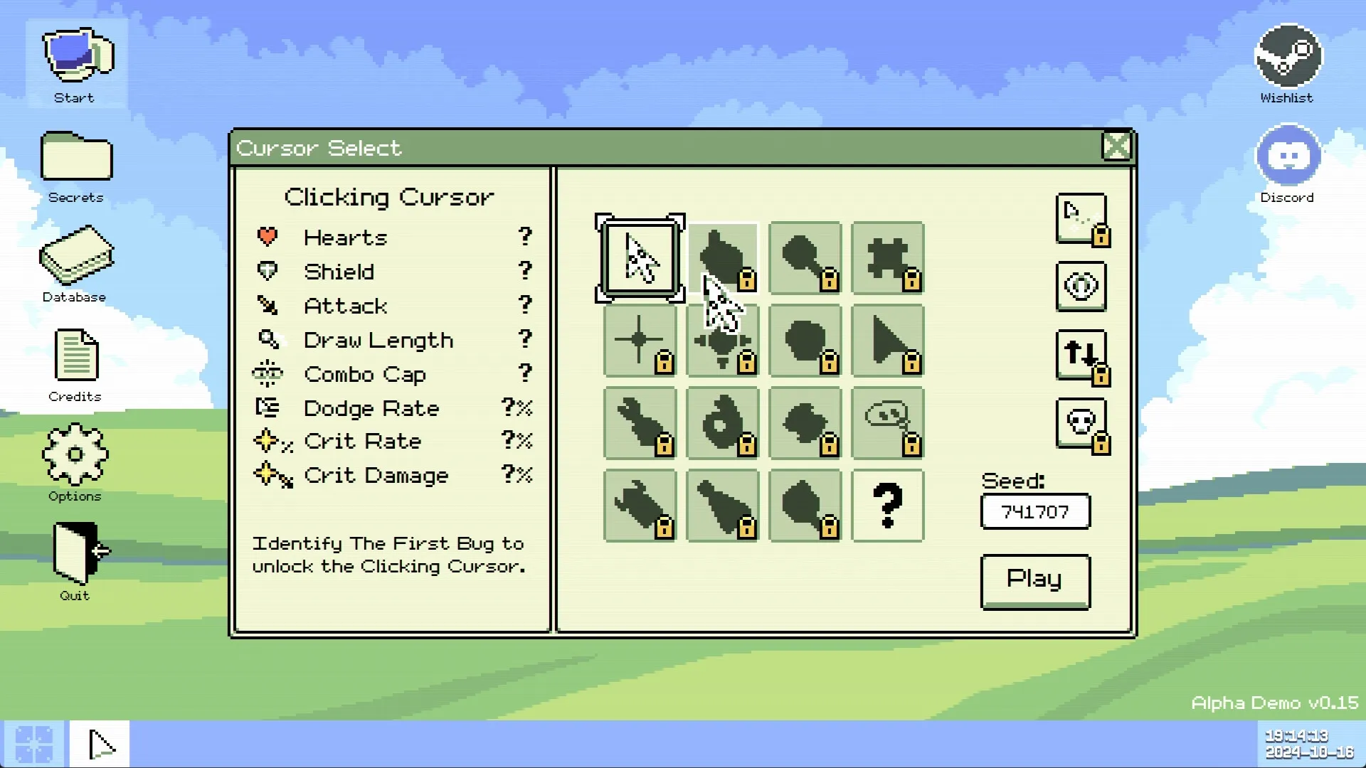 Identifile: Cursor selection menu with various locked icons and cursor stats on a desktop background